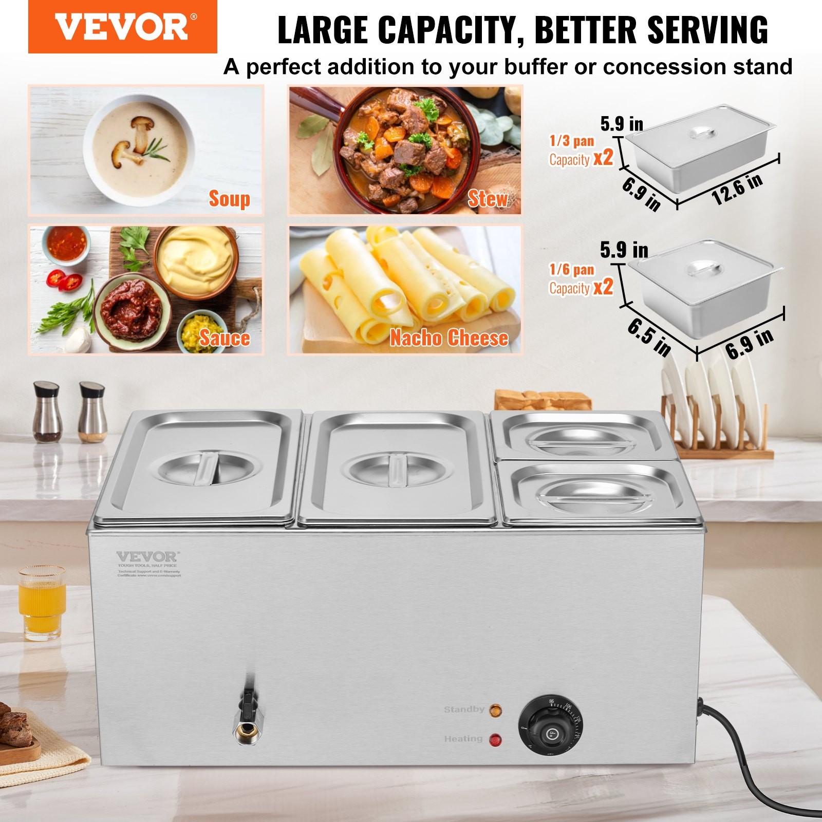 4-Pan Commercial Food Warmer, 16.4QT Electric Steam Table, 1200W Professional Co