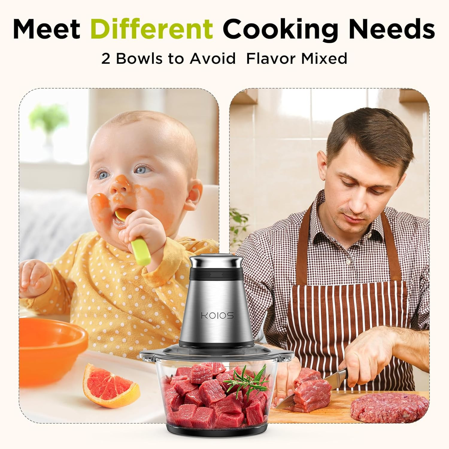 Food Processor, 500W Electric Food Chopper with 2 Bowls (8 Cup+8 Cup) & 2 Bi-Lev