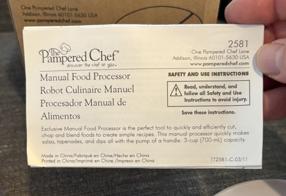 The Pampered Chef Manual Food Processor Model 2581 Chopper 3 Cup In Box
