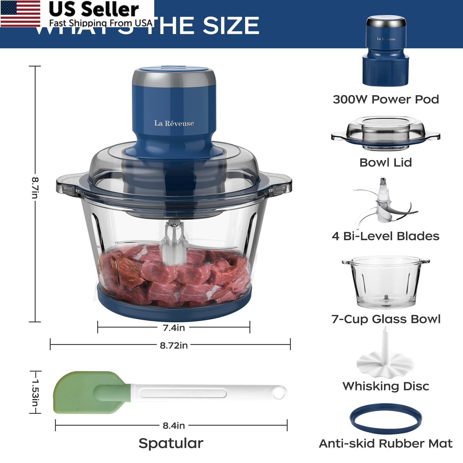 La Reveuse Food Processor,Electric Chopper with 7-Cup (1.7L) 7-Cup, Blue