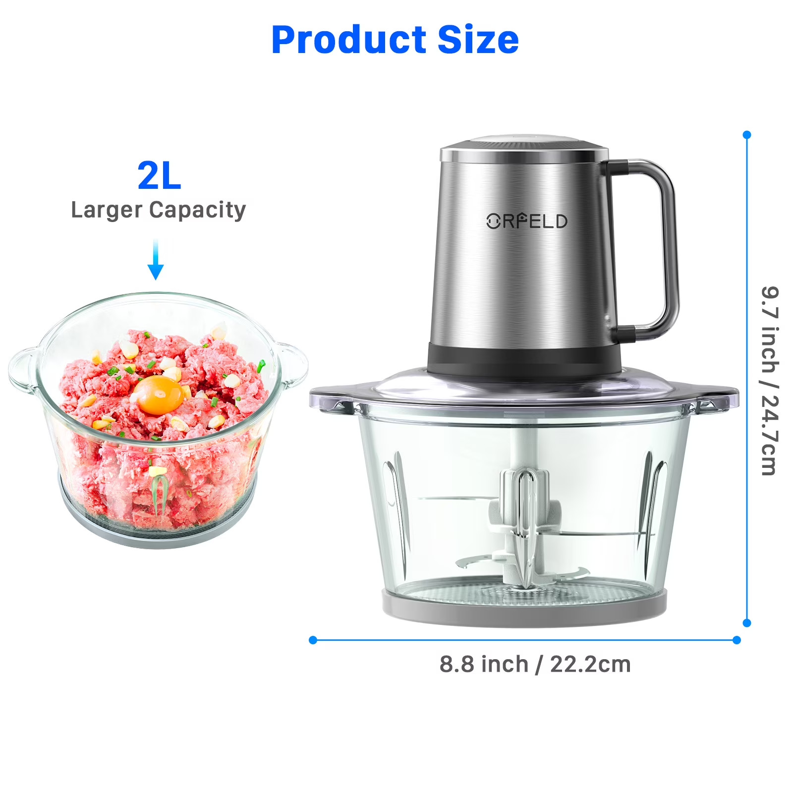 ORFELD Meat Grinder Electric Food Chopper, 2 Speeds 8 Cup Food Processor New