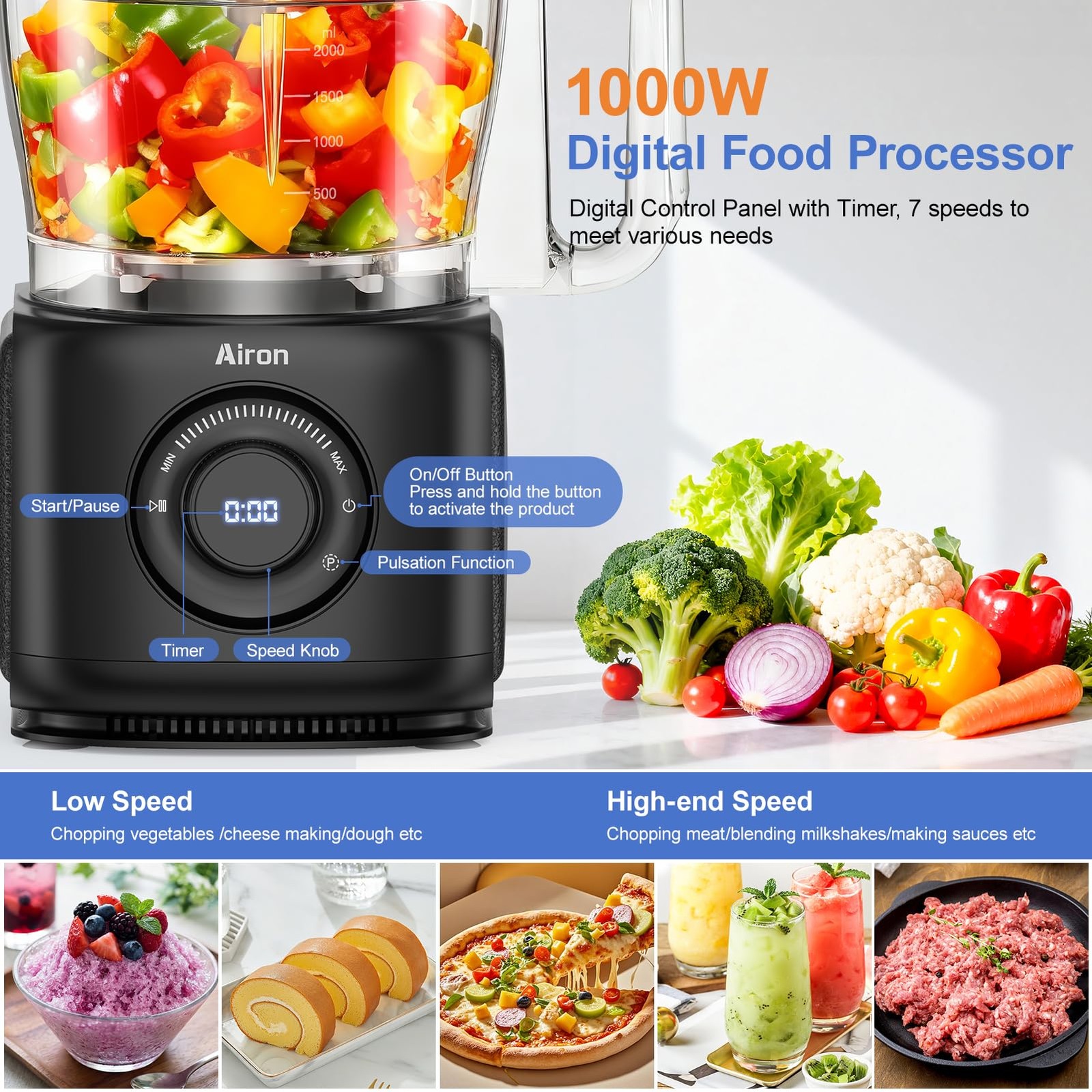 7-in-1 Professional Food Processor, 1000W Powerful Vegetable Chopper, 14-Cup …