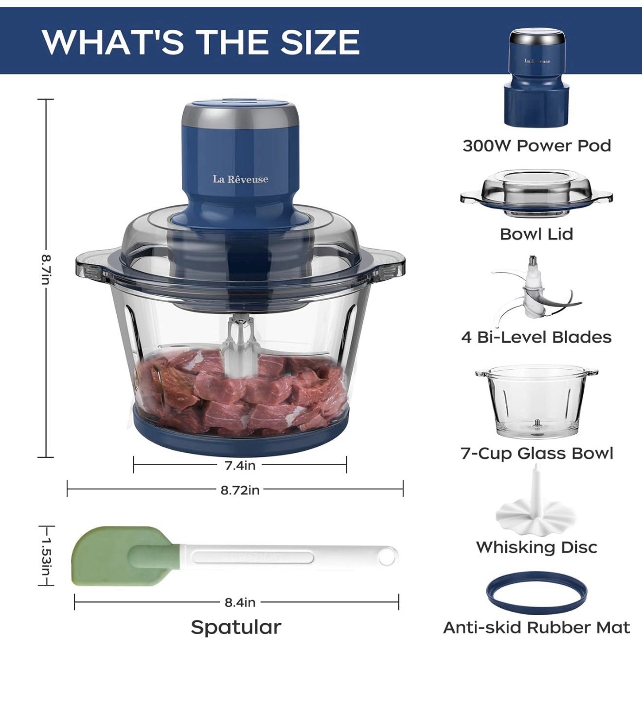 La Rêveuse LARB4016 7-Cup Food Processor 300W Blue Glass Bowl Dishwasher Safe