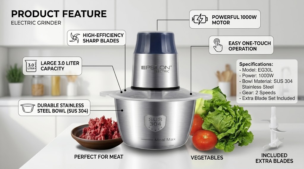 3L Electric Food Chopper Meat Grinder Stainless Steel Bowl Processor Blender