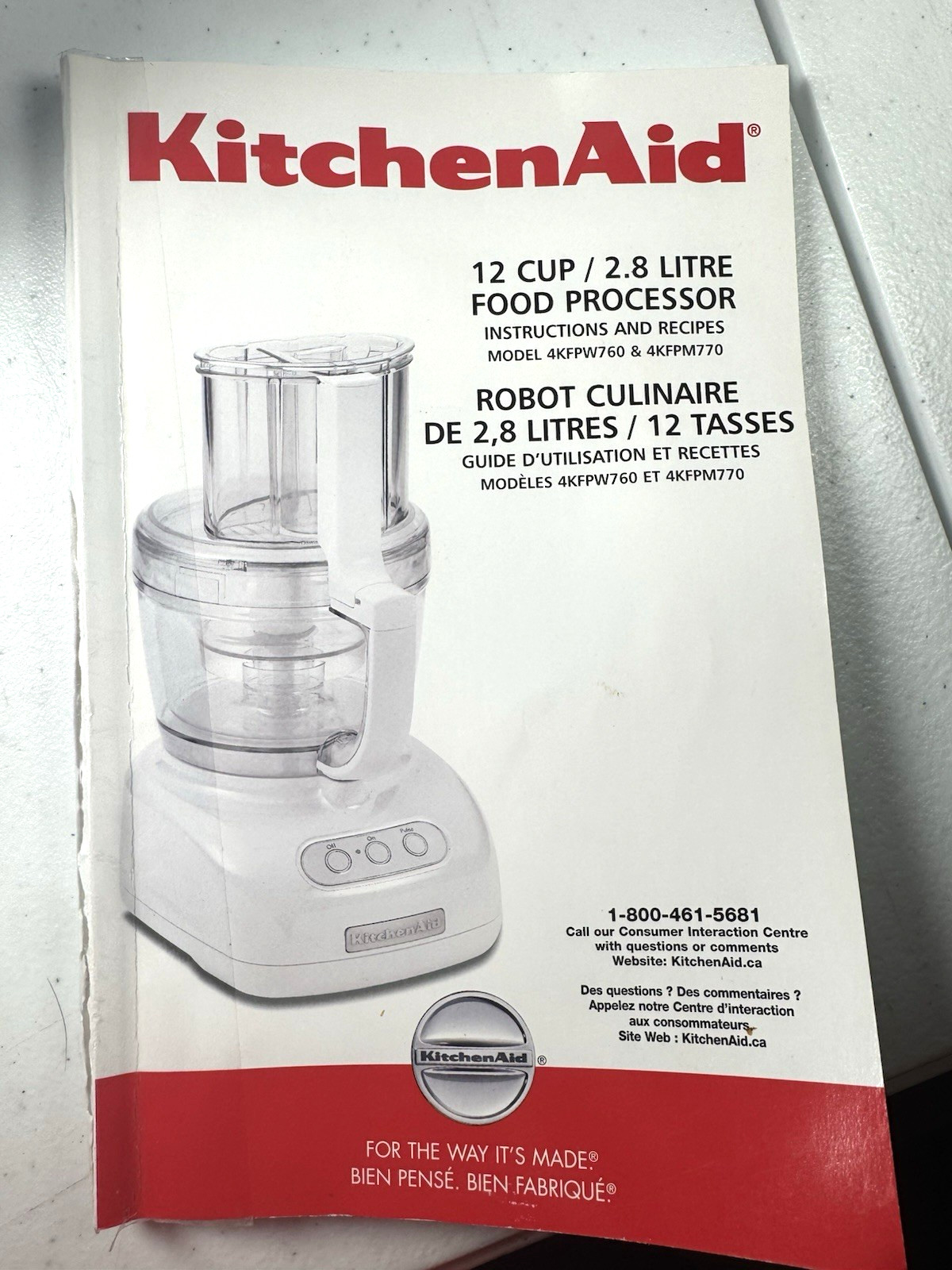 Kitchen Aid 12 Cup Food Processor Model 4KFPW760 With Accessories White w/Manual