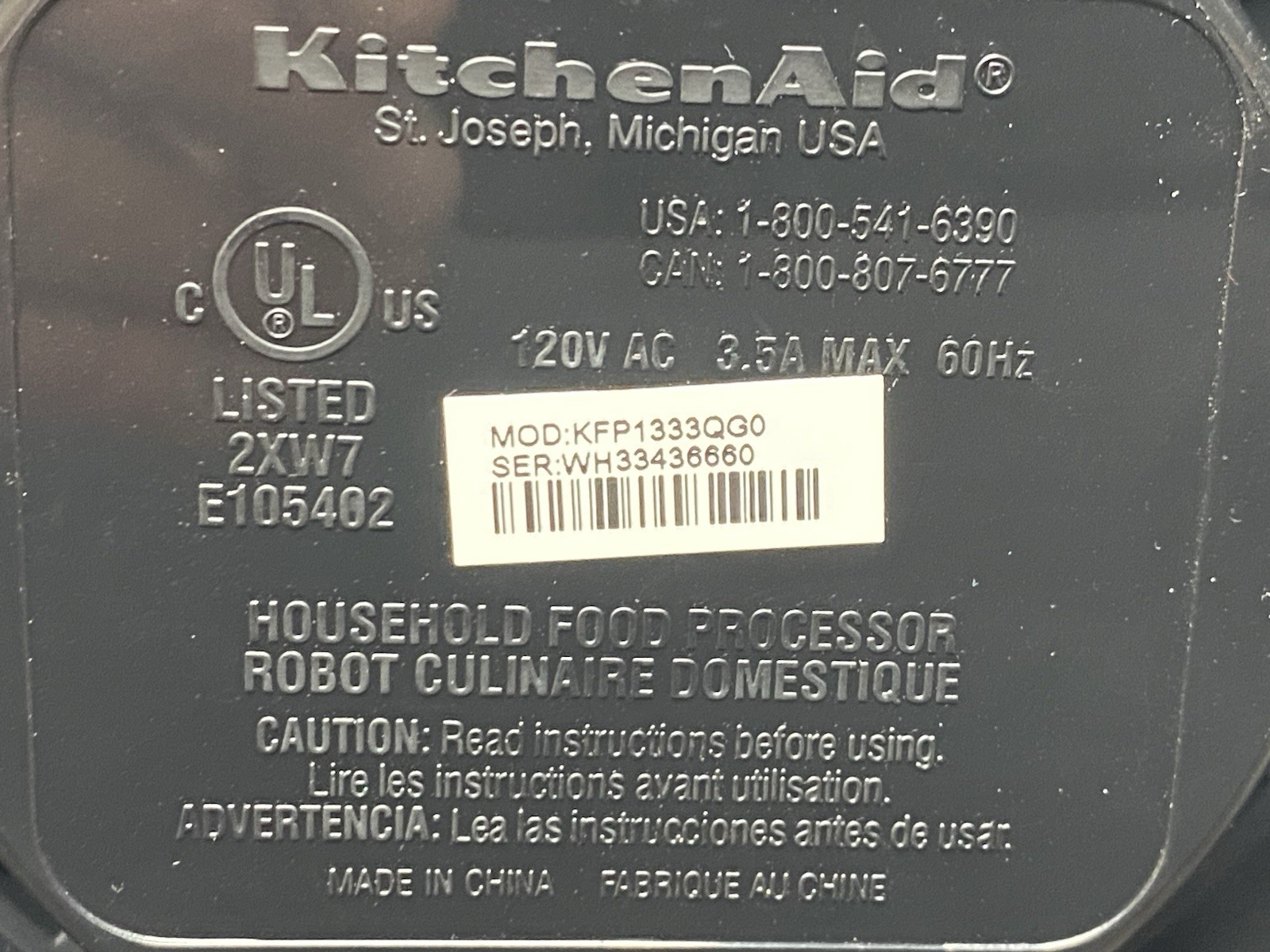 KitchenAid Food Processor Silver KFP1333QG0 Motor Base Unit Only Tested A++