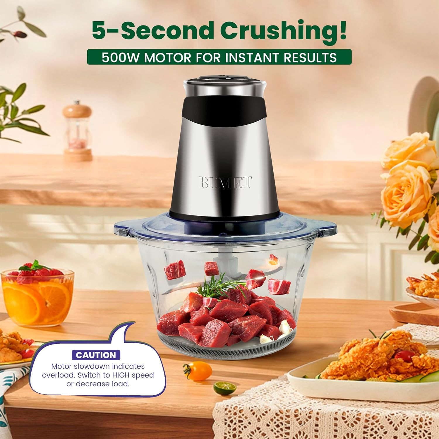Electric Food Processor Vegetable Chopper 500W 2X8Cup Bowls 2 Bi-Layer 4 Blad…