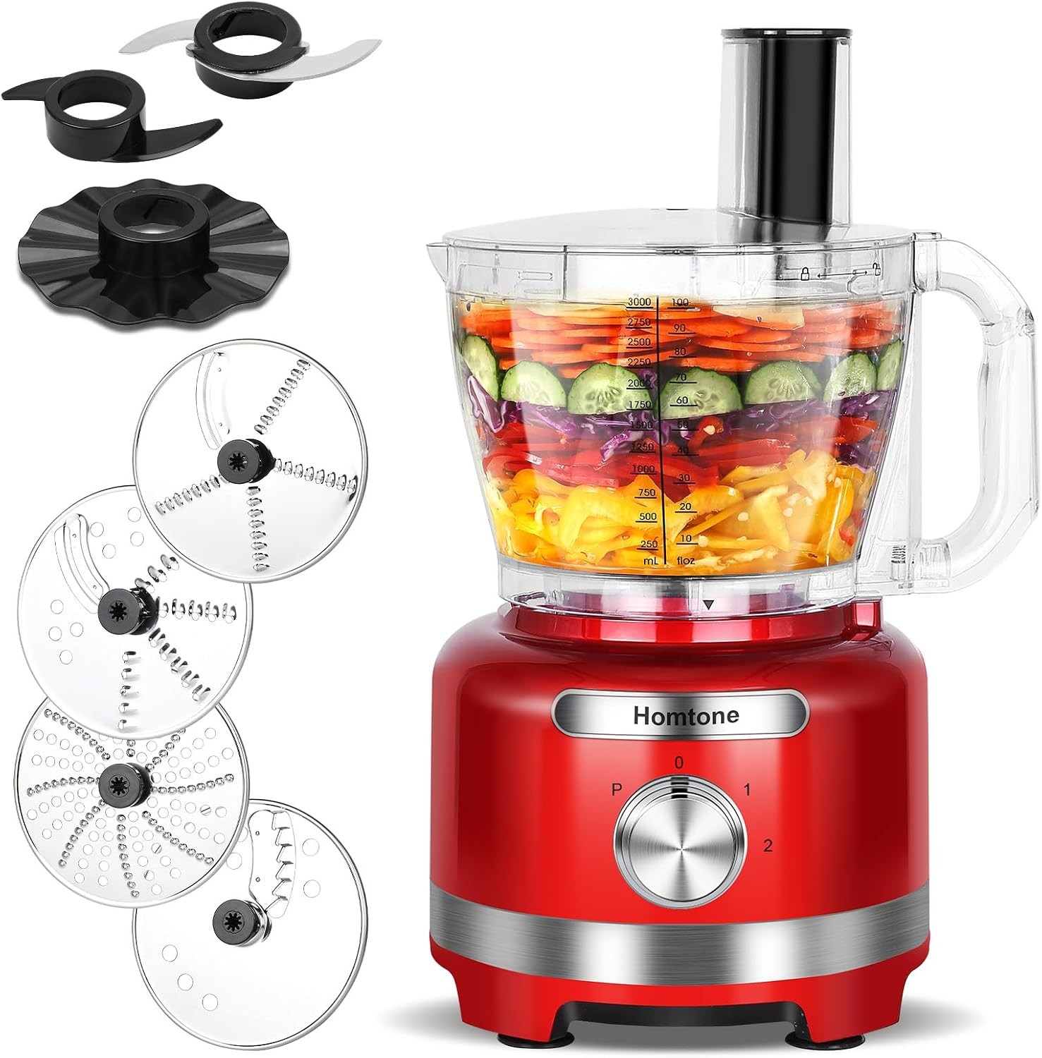 Red Homtone Food Processor 9-in-1 Shredding Slicing Kneading Dough