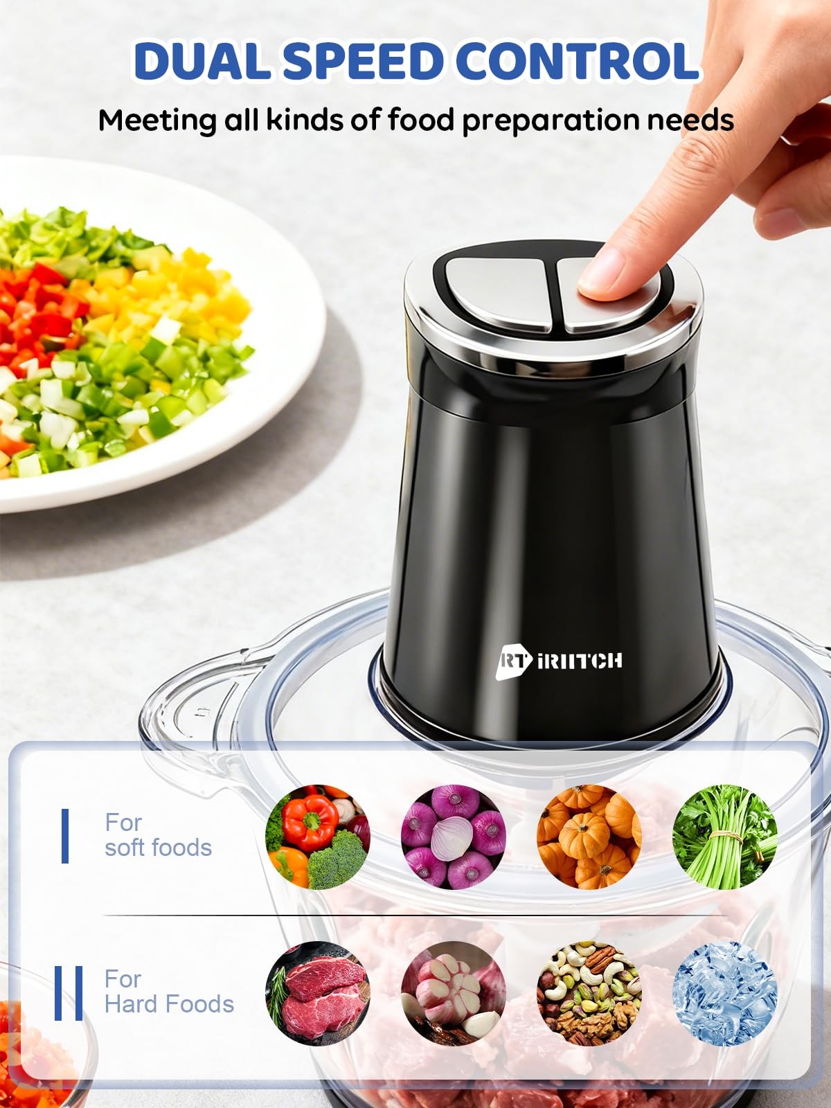 IRIITCH Food Processor with Timer, 800W Chopper with 2 Bowls (12-cups Glass B…