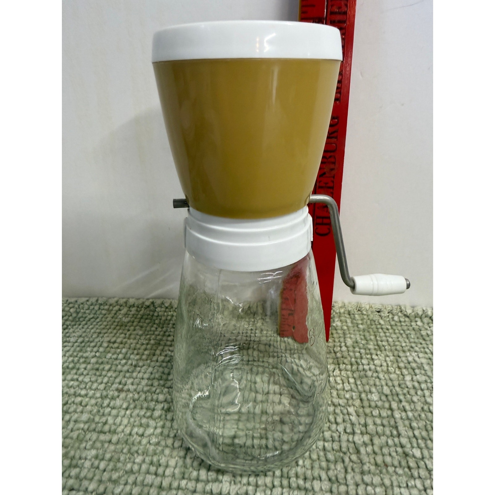 Vintage Federal Housewares Nut Grinder MCM Yellow Glass Jar Hand Crank