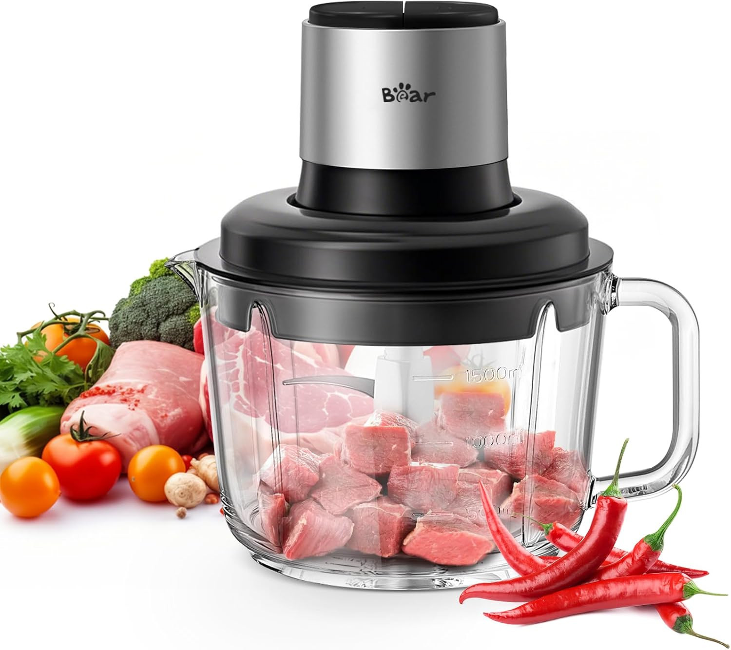 Food Processor, Electric Food Chopper with 8 Cup/2L Handheld Glass Bowls, No-Hol