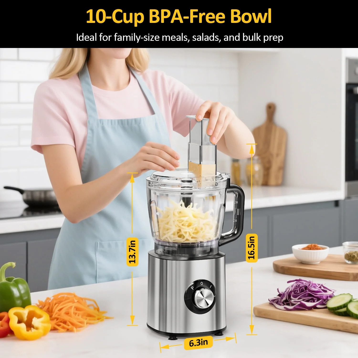 6-in-1 Food Processor, 1000W Motor, 10-Cup BPA-Free Bowl, Multifunctional