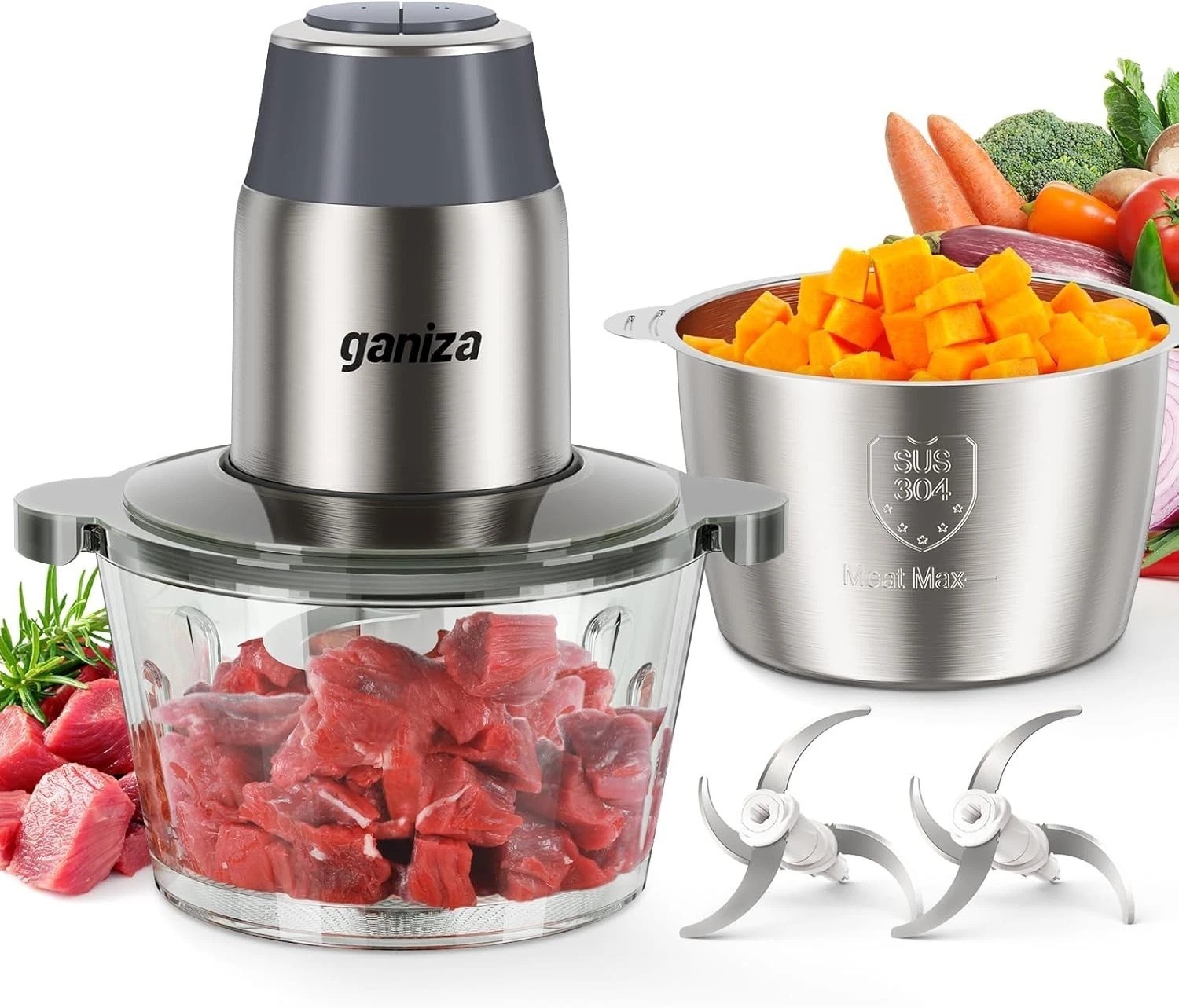 450W Electric Food Processor with Dual 8-Cup Bowls & Safety Lock in Grey