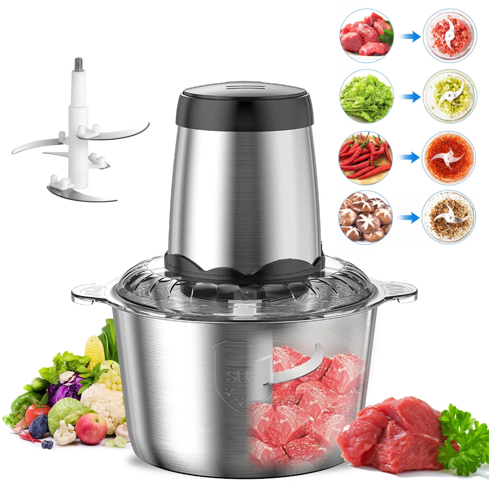 2L Electric Food Chopper Electric Stainless Steel Processor Meat Grinder Mixer