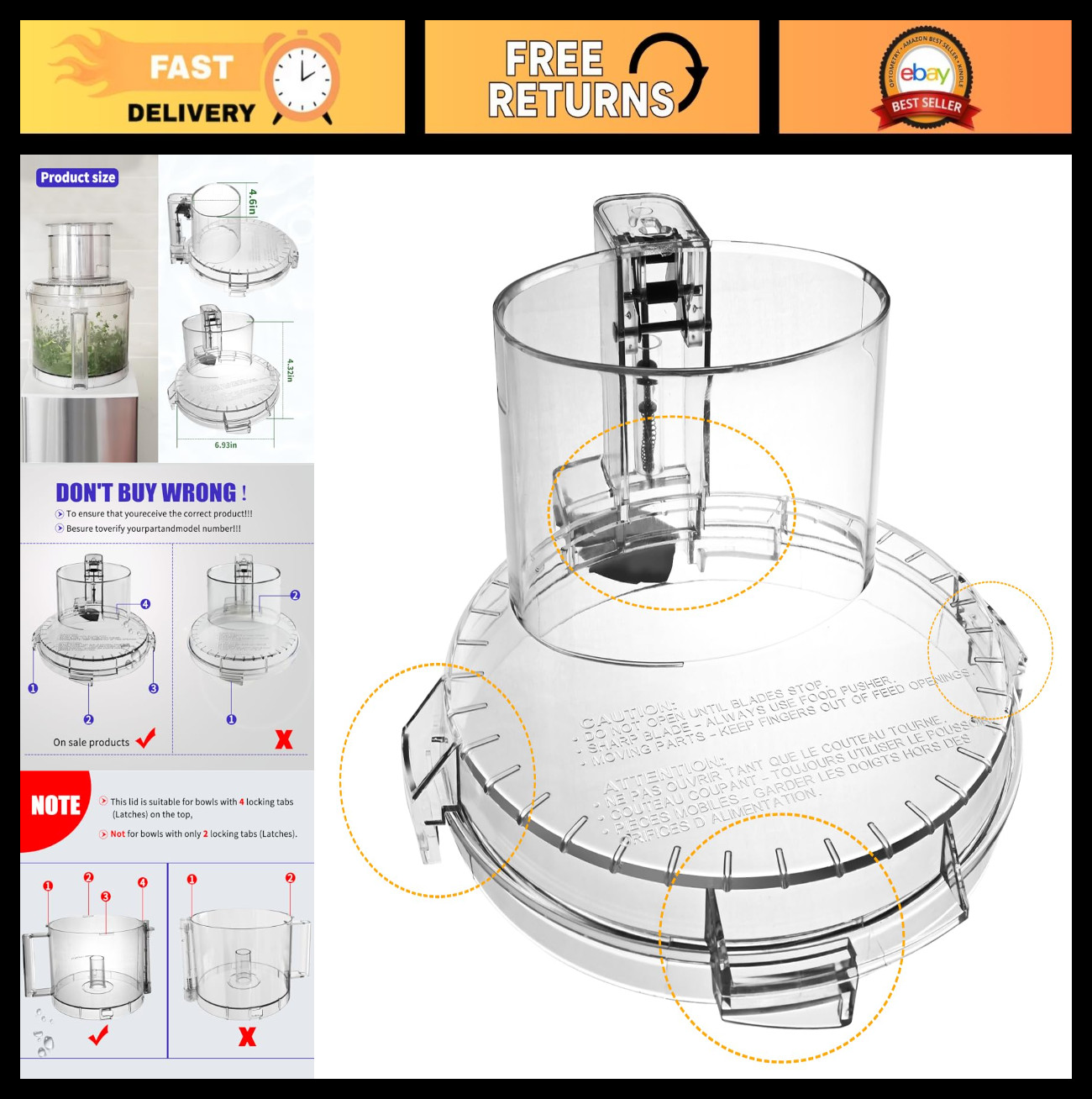 Clear Food Processor Work Bowl Cover with 4 Locking Tabs – Fits DFP-14 Models