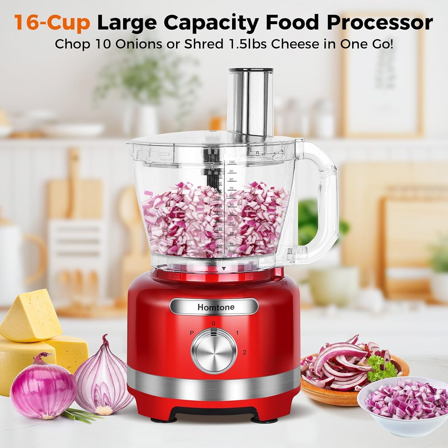 Homtone Red 16 Cup Kitchen Processor Shred Cheese Knead Dough