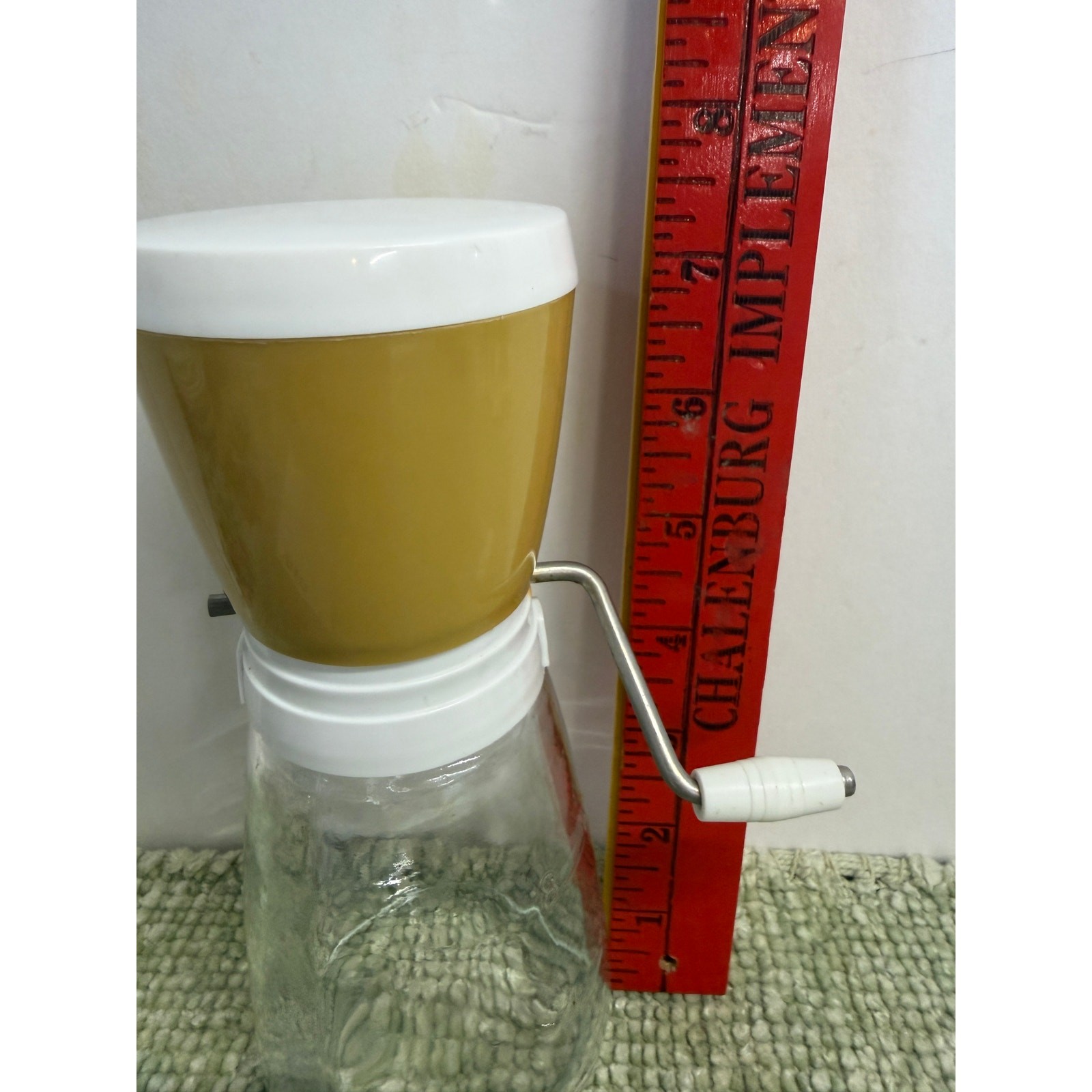 Vintage Federal Housewares Nut Grinder MCM Yellow Glass Jar Hand Crank
