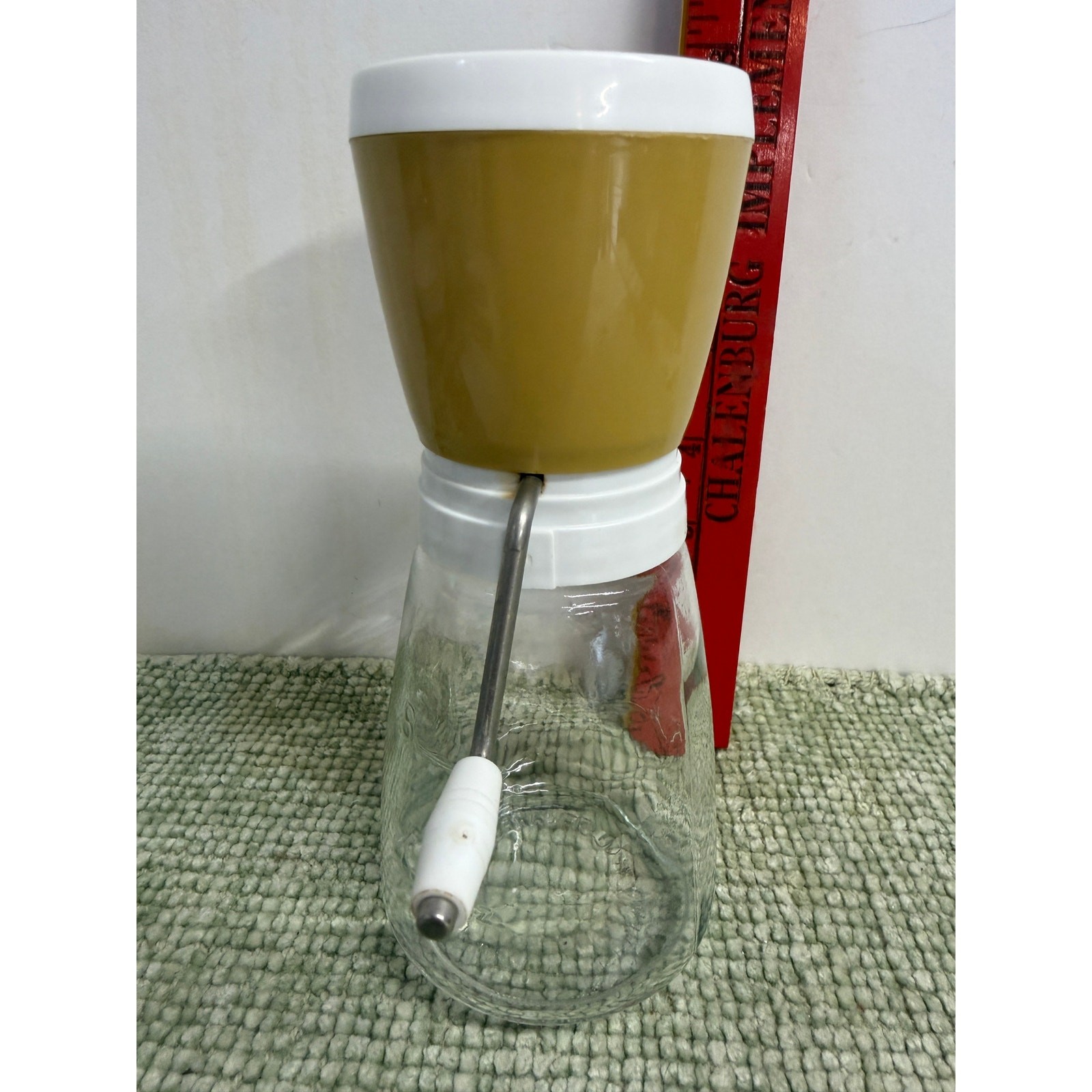 Vintage Federal Housewares Nut Grinder MCM Yellow Glass Jar Hand Crank