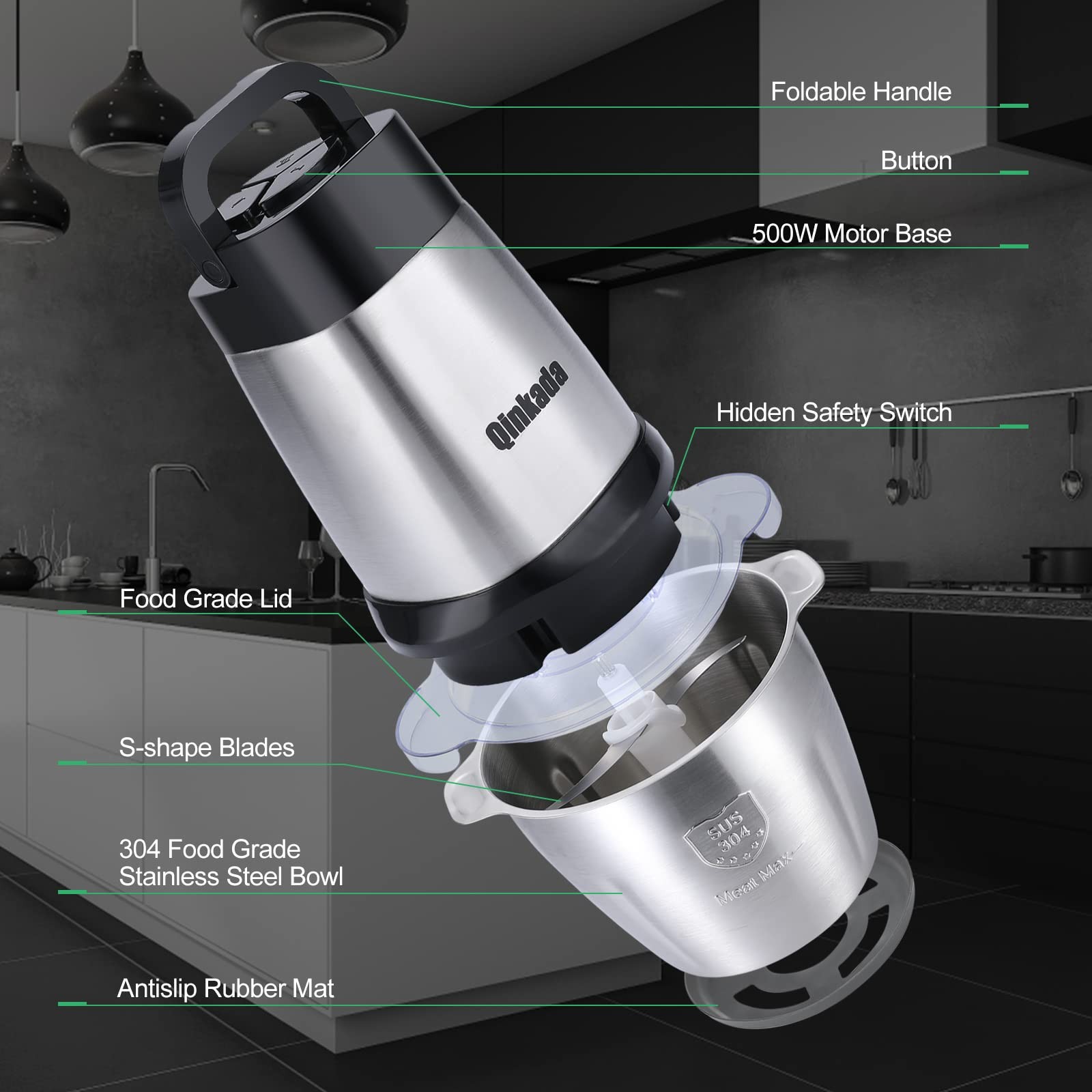 Electric Meat Grinder, Qinkada 500W Food Processor 3.5L Chopping Meat, 14Cup Lar