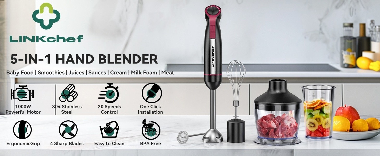 Immersion Blender 20-Speed 1000W 5-in-1 Hand Stick Turbo Processor Black WA
