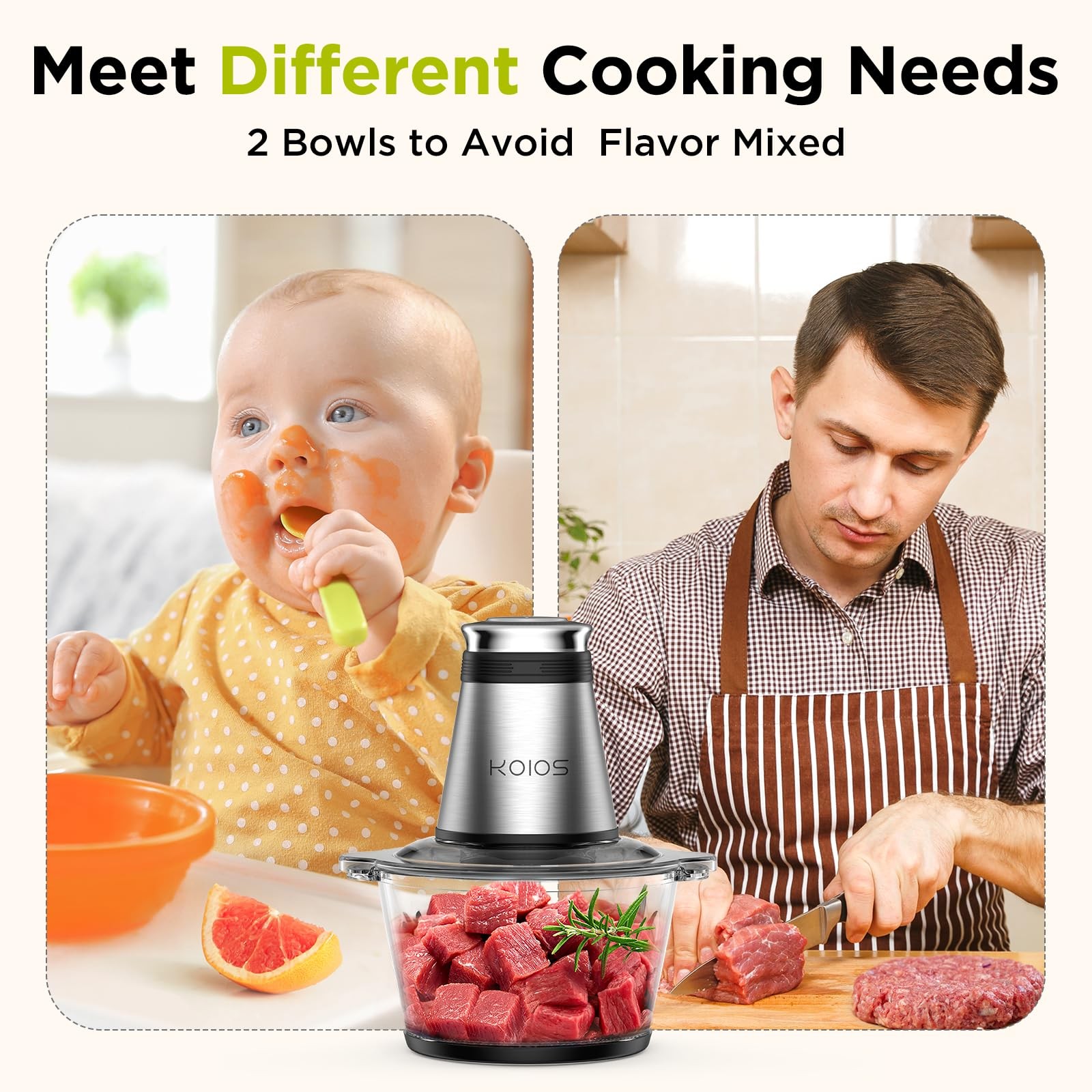 Food Processor, 500W Electric Food Chopper with 2 Bowls (8 Cup+8 Cup) & 2 Bi-…