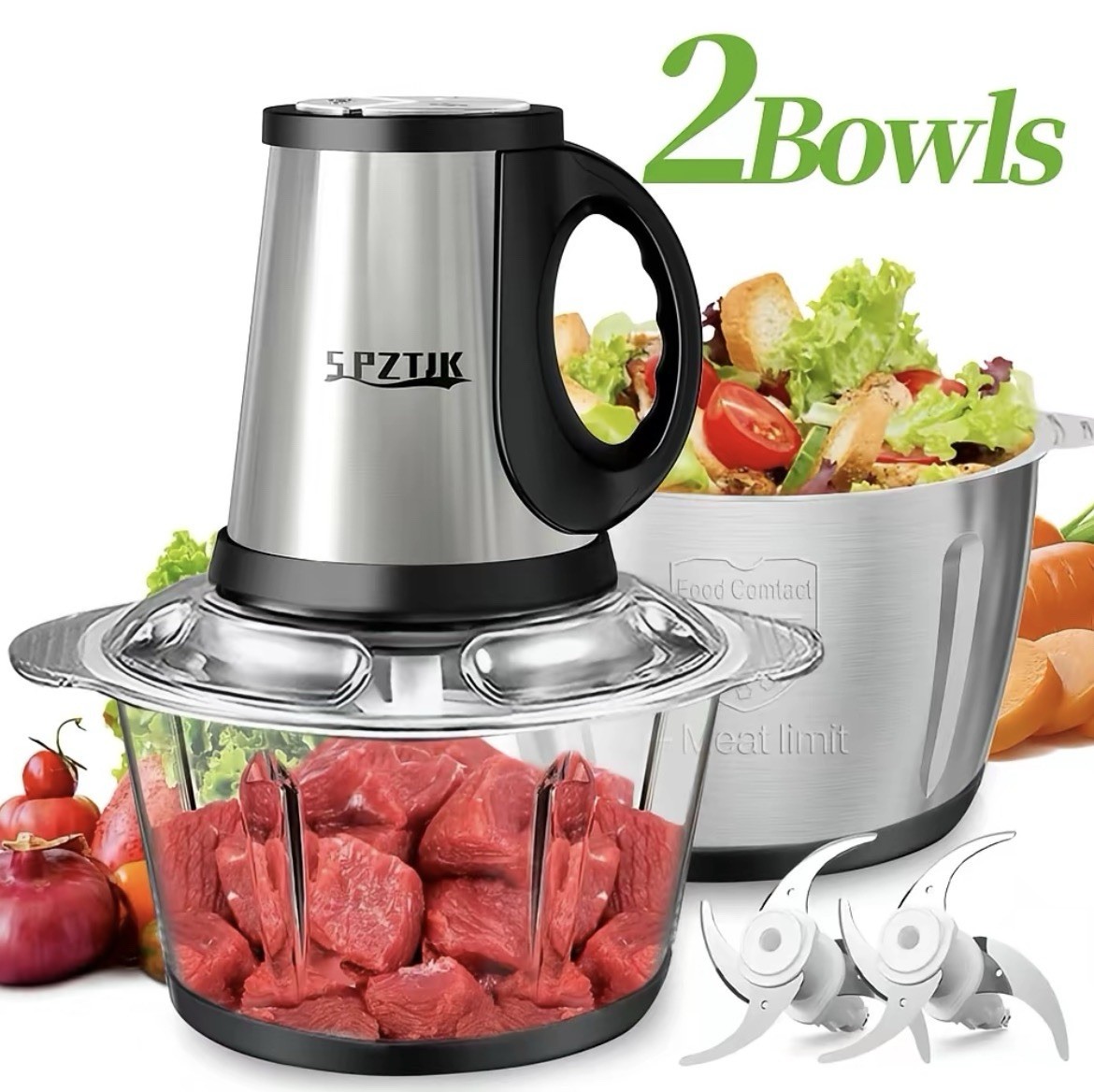 2L Electric Food Chopper Meat Grinder Processor 2 Bowls Stainless Steel BPA Free