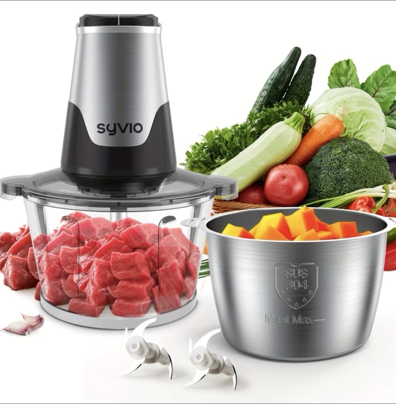 Syvio Food Processor With Two Bowls, Meat Grinder, Vegetable Chopper 8 Cup, 450W