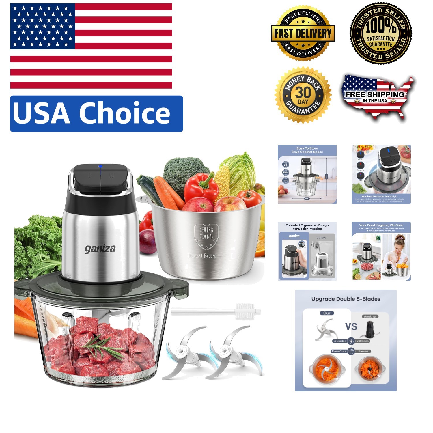 450W Food Processor with Smart Features: 2-Speed Chopper & Overheat Protection