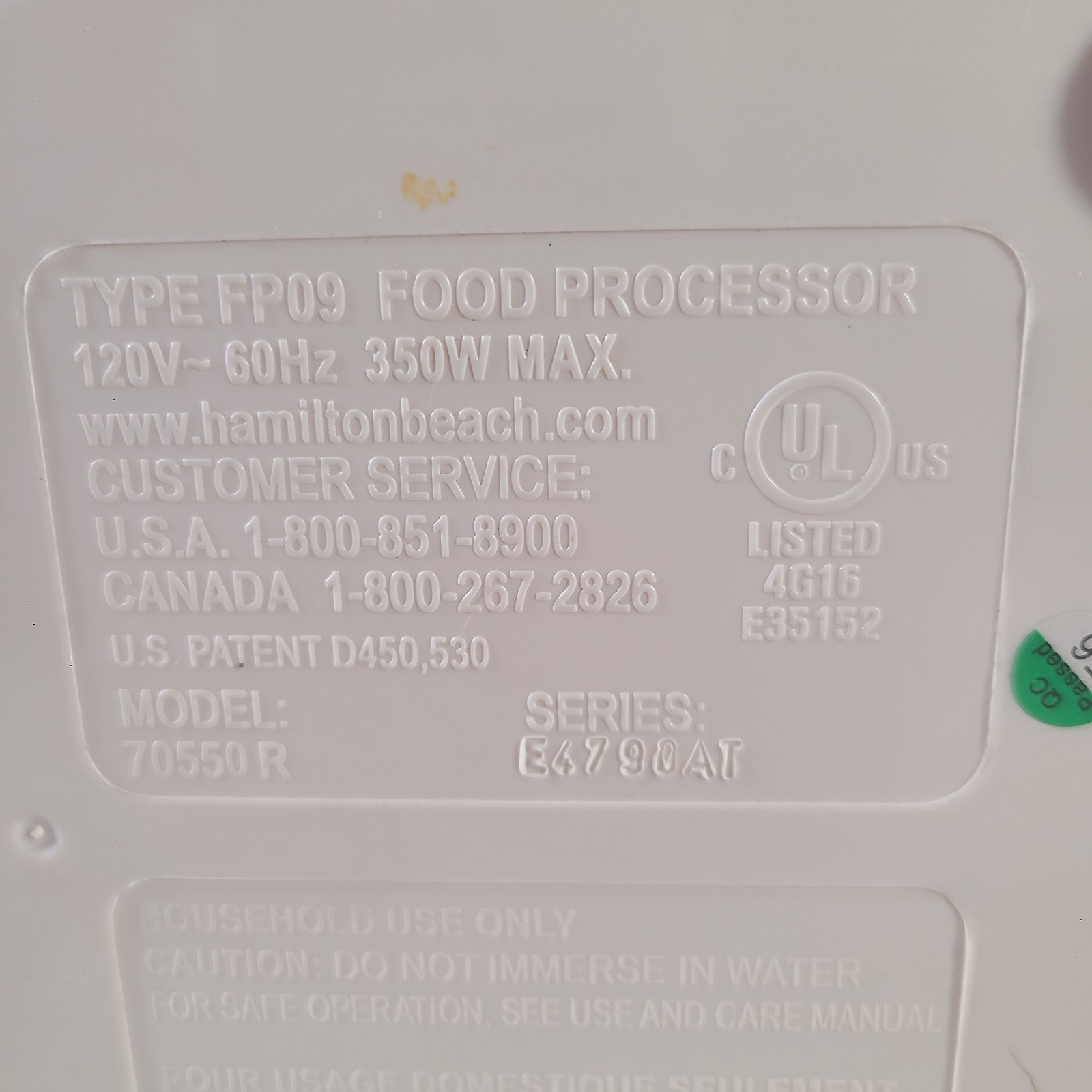 Hamilton Beach Food Processor Model 70550R 120V~60Hz 350W Max.