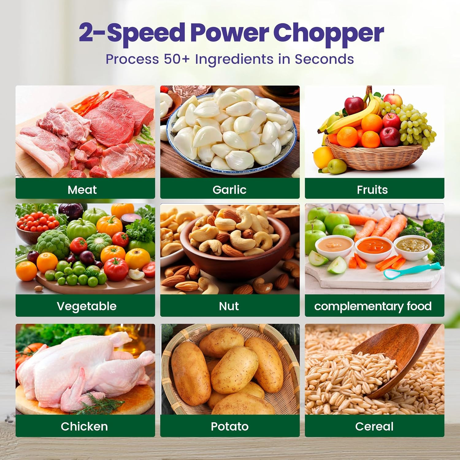 Electric Food Processor Vegetable Chopper 500W 2X8Cup Bowls 2 Bi-Layer 4 Blad…
