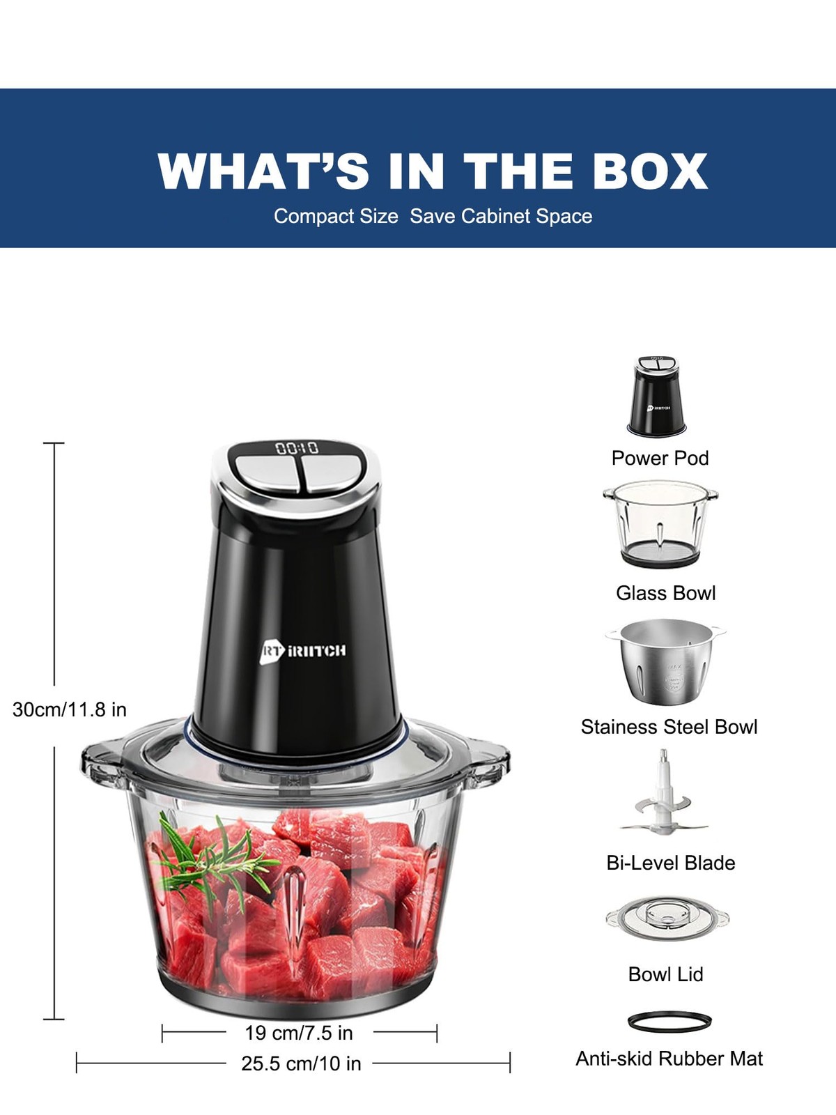 IRIITCH Food Processor with Timer, 800W Chopper with 2 Bowls (12-cups Glass B…