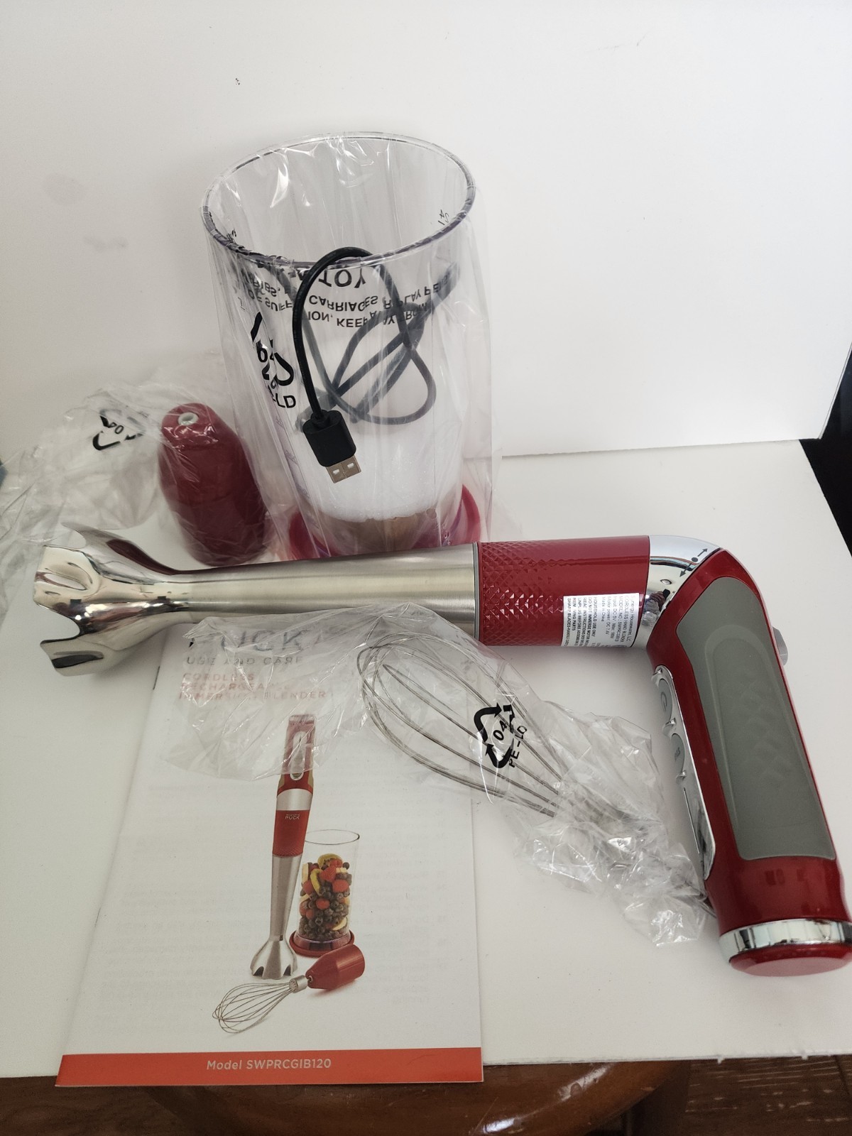 New Open Box 6 Piece Wolfgang Puck Turbo Immersion Blender 5 Speed Burgundy