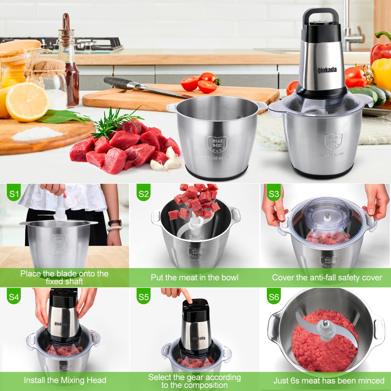 Food Processor 14 Cup 500W 2 Stainless Steel Bowls – 3 Speed Modes for Meat