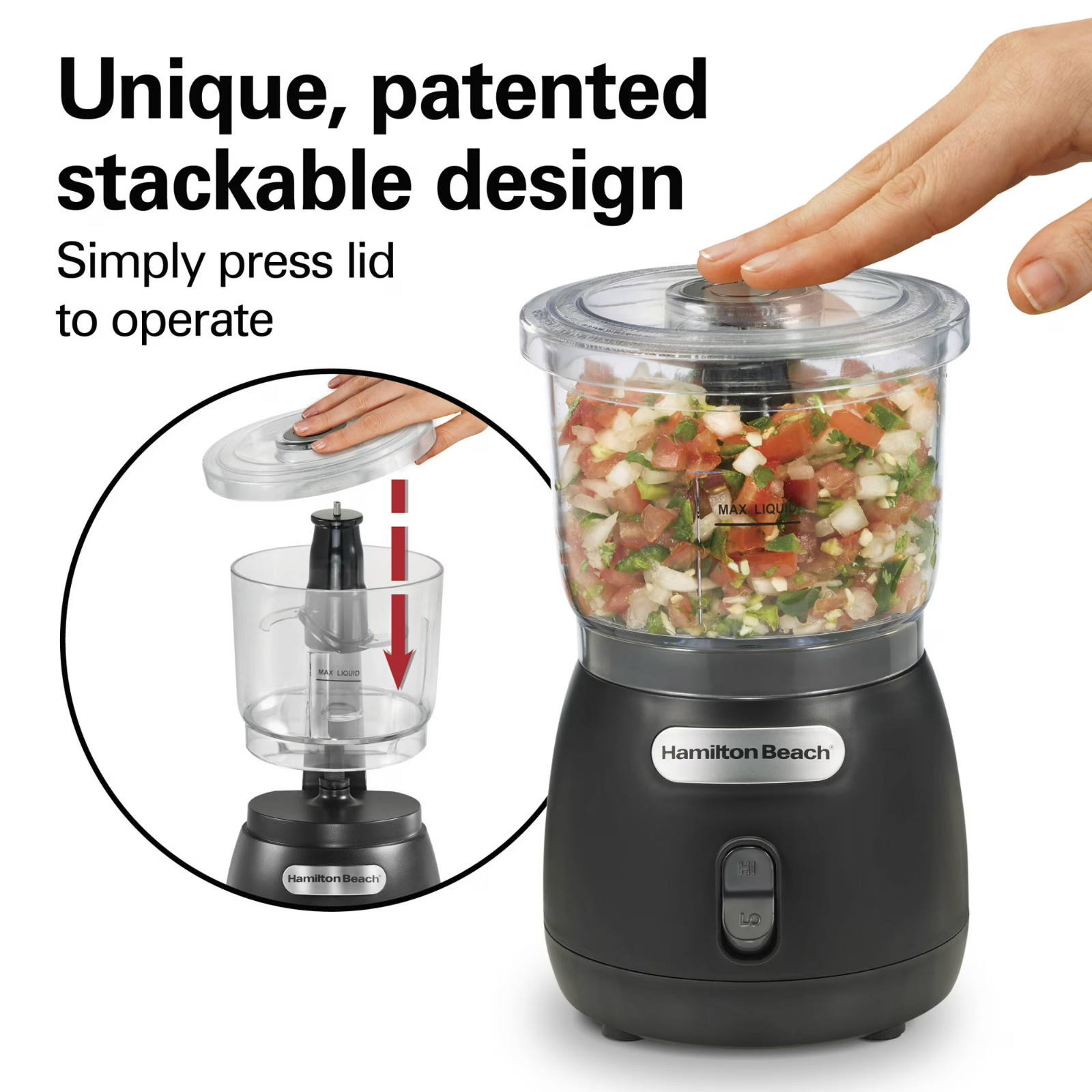 Hamilton Beach Stack & Press 3-Cup Mini Food Chopper Processor 2 Speed Black