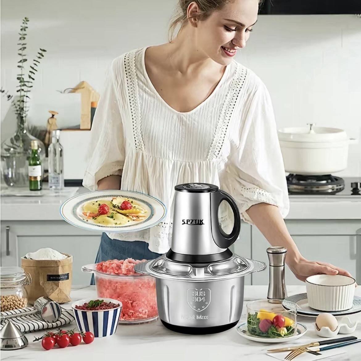 2L Electric Food Chopper Meat Grinder Processor 2 Bowls Stainless Steel BPA Free