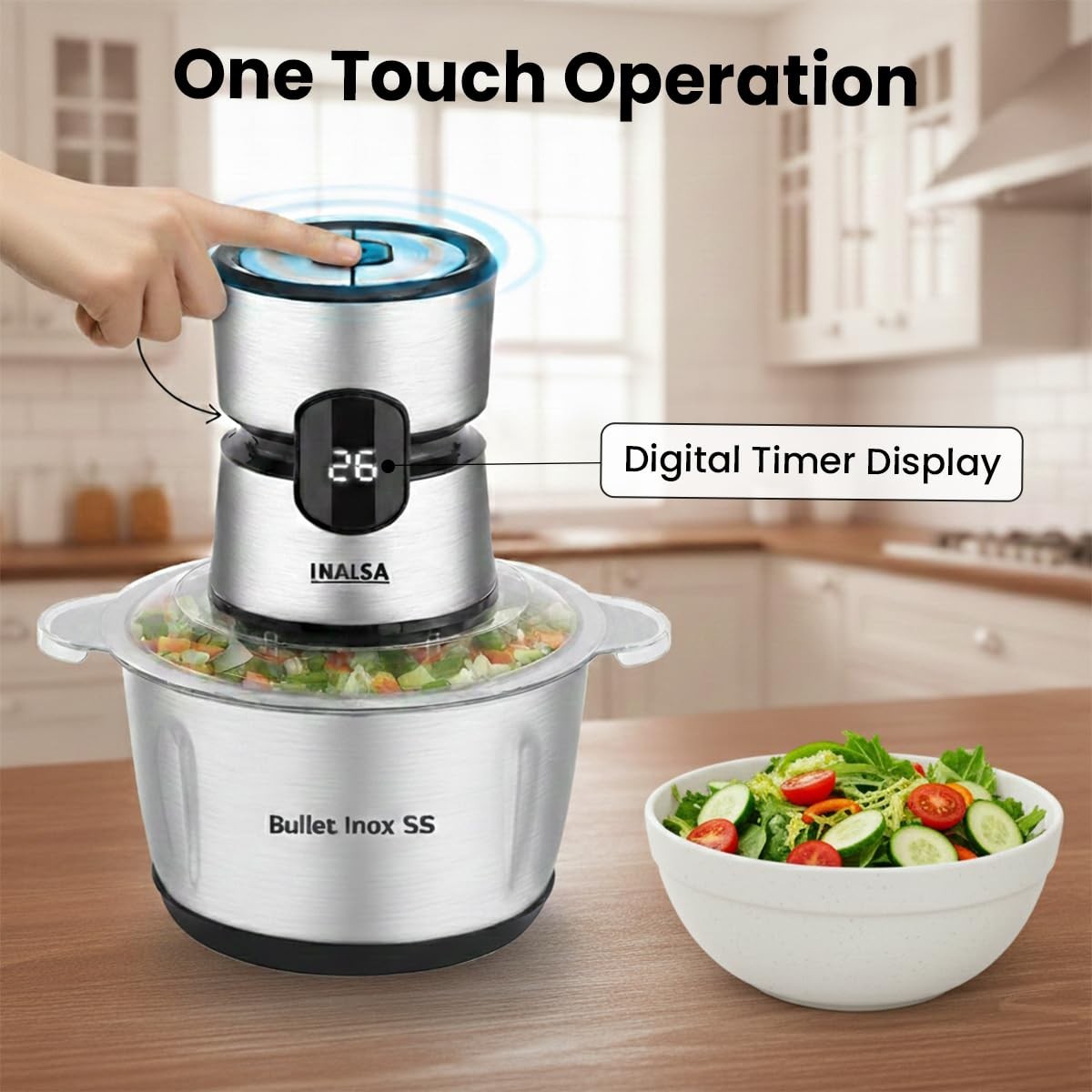 INALSA Electric Chopper Digital Display 500W 2L Processing Bowl Spatula Chopping