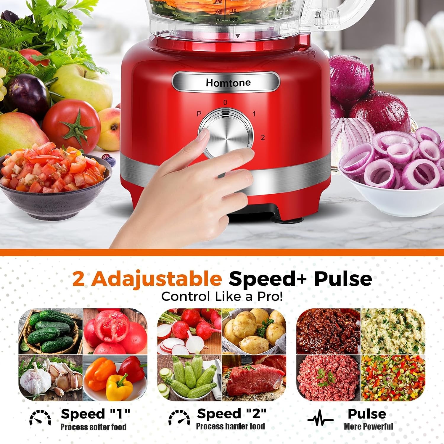 Homtone Red 16 Cup Kitchen Processor Shred Cheese Knead Dough
