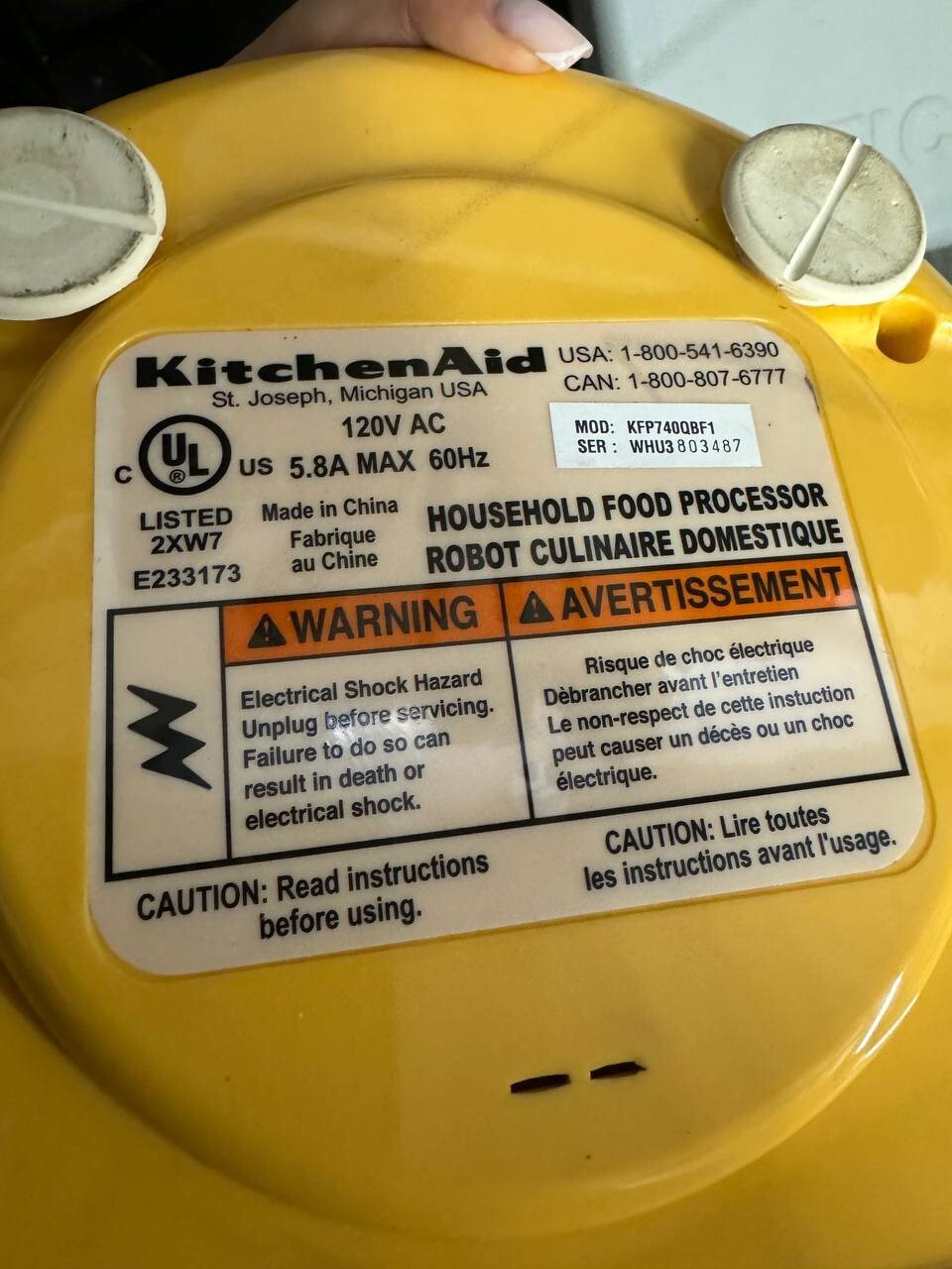 KitchenAid Food Processor KFPW740QBF1, AC 120V 60Hz 5.8A Max In Yellow Color