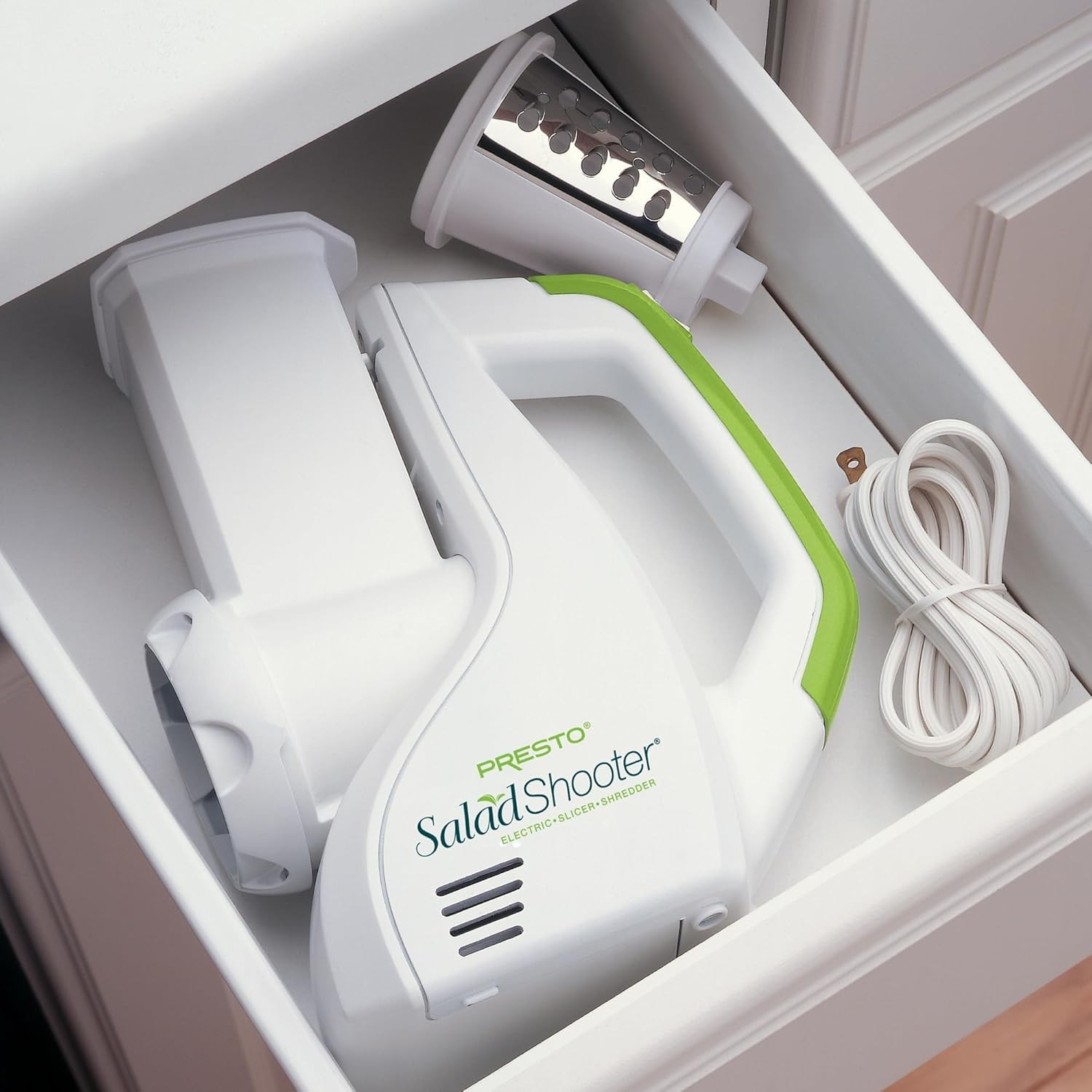 Modern Compact Salad Shooter Electric Slicer/Shredder for Easy Storage White