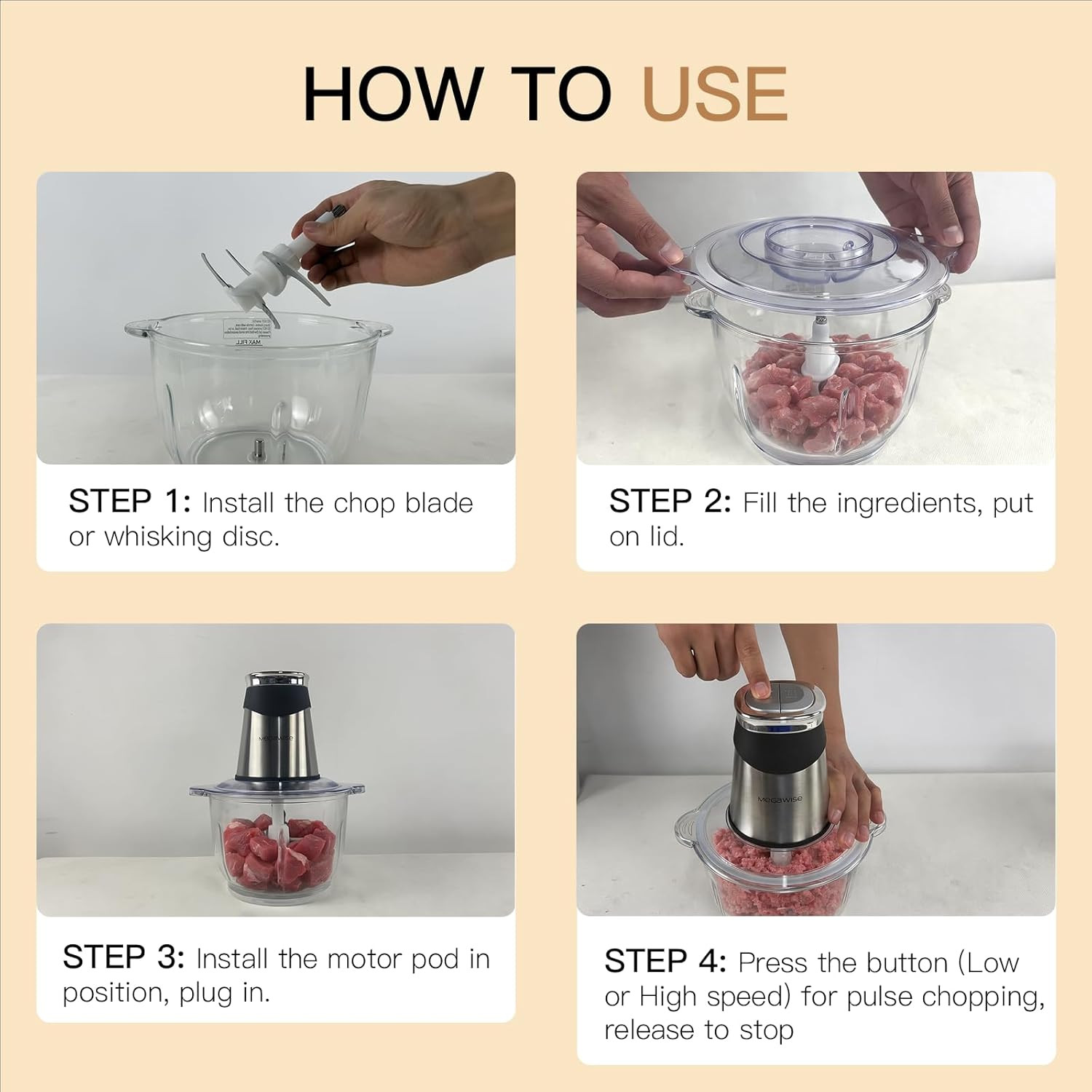 Electric Food Chopper 800W, Dual-Speed Meat Grinder With1.2L 304# Stainless Stee
