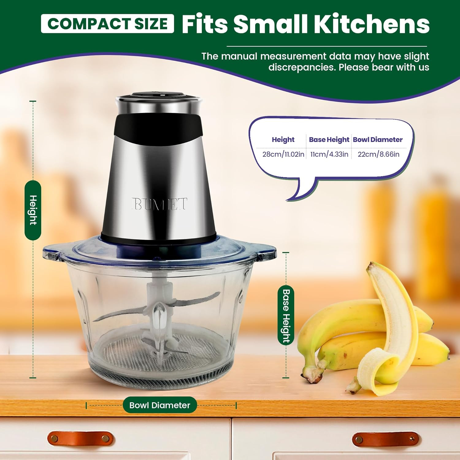Electric Food Processor Vegetable Chopper 500W 2X8Cup Bowls 2 Bi-Layer 4 Blad…