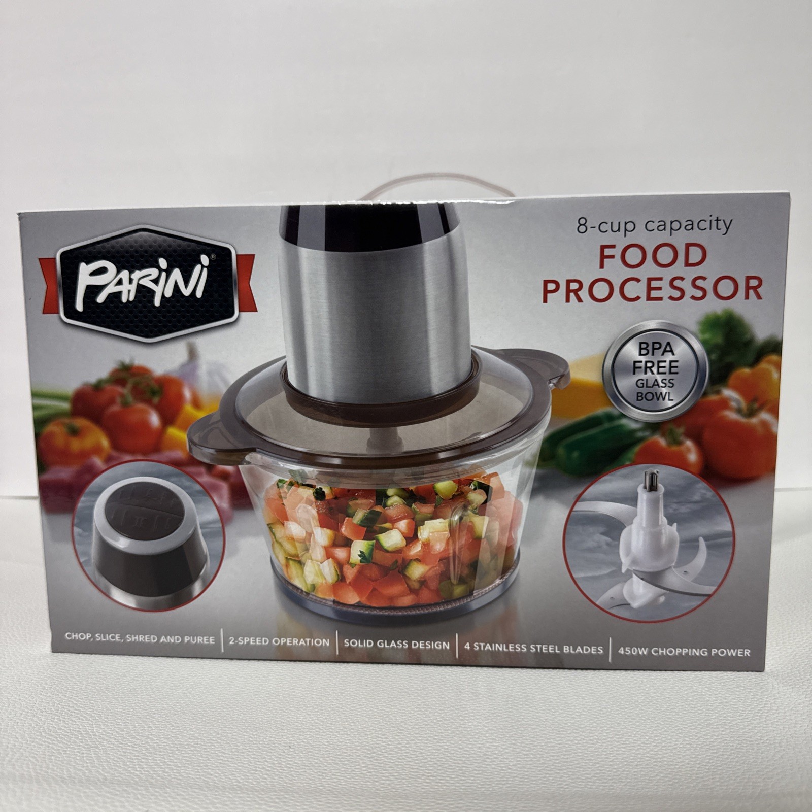 NEW Parini Food Processor, 8 Cup 2 Speed 450w, BPA free, Stainless-Steel Blades