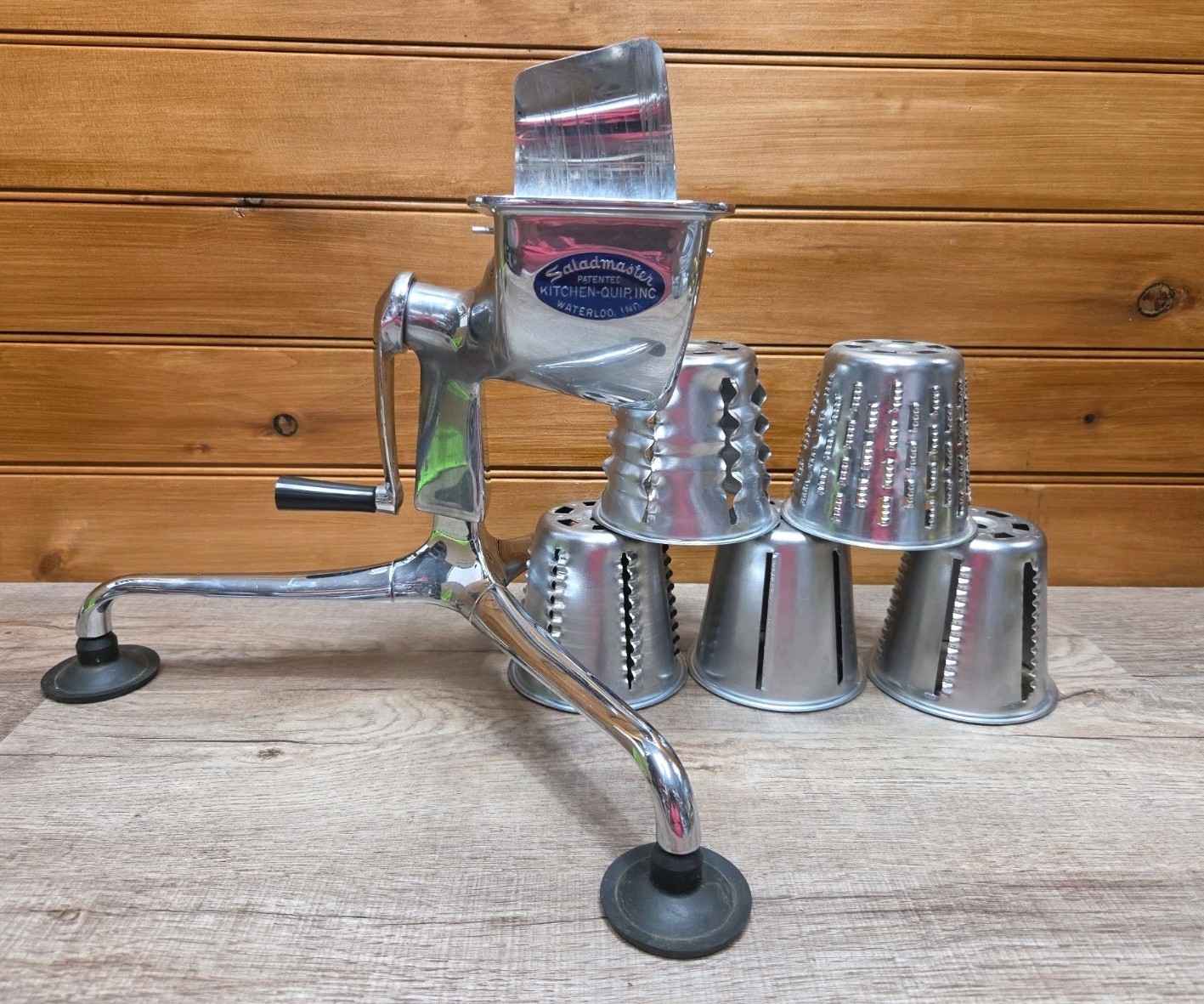Saladmaster Food Processor With Stand And 5 Cone Attachments & Shield As Shown