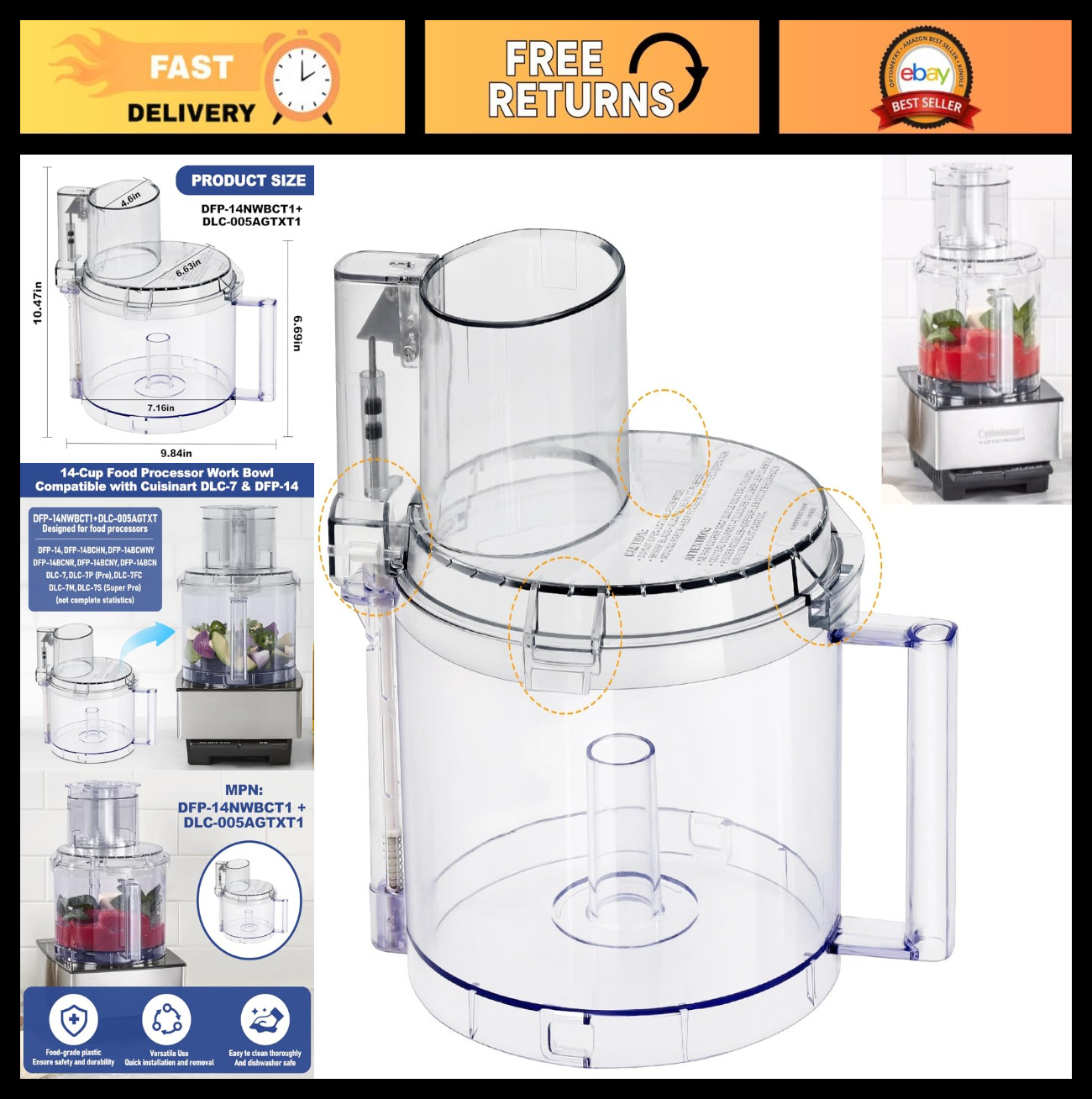 14-Cup Food Processor Work Bowl Kit with Locking Tabs & Cover – Fits DFP-14 Mode