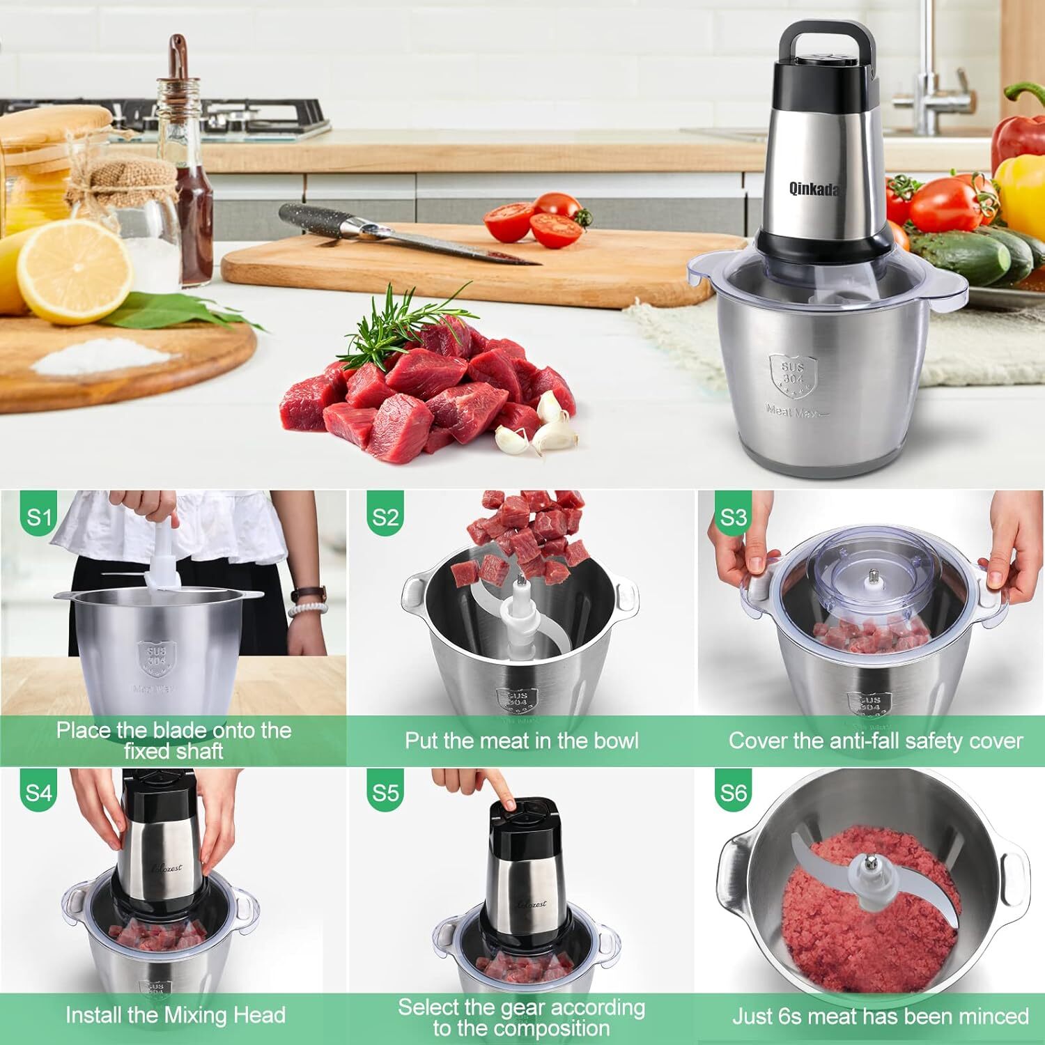 Food Processor, 500 Watt Grinder, 14 Cup Stainless Steel Bowl, 4 Double Blades