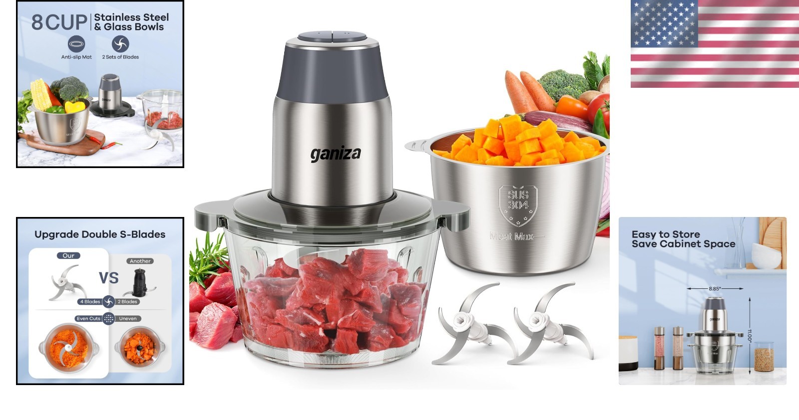 450W Electric Food Processor with Dual 8-Cup Bowls & Safety Lock in Grey