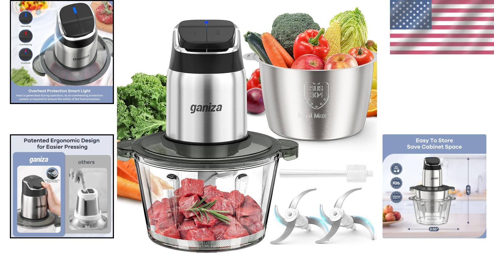 450W Food Processor with Smart Features: 2-Speed Chopper & Overheat Protection