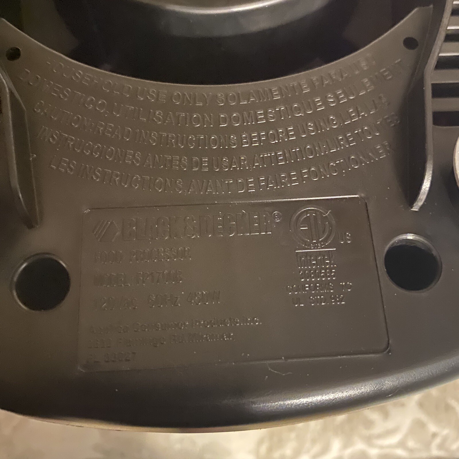 BLACK & DECKER 8-Cup Food Processor, FP1700B Black 450 Watts Motor Only PARTS NW