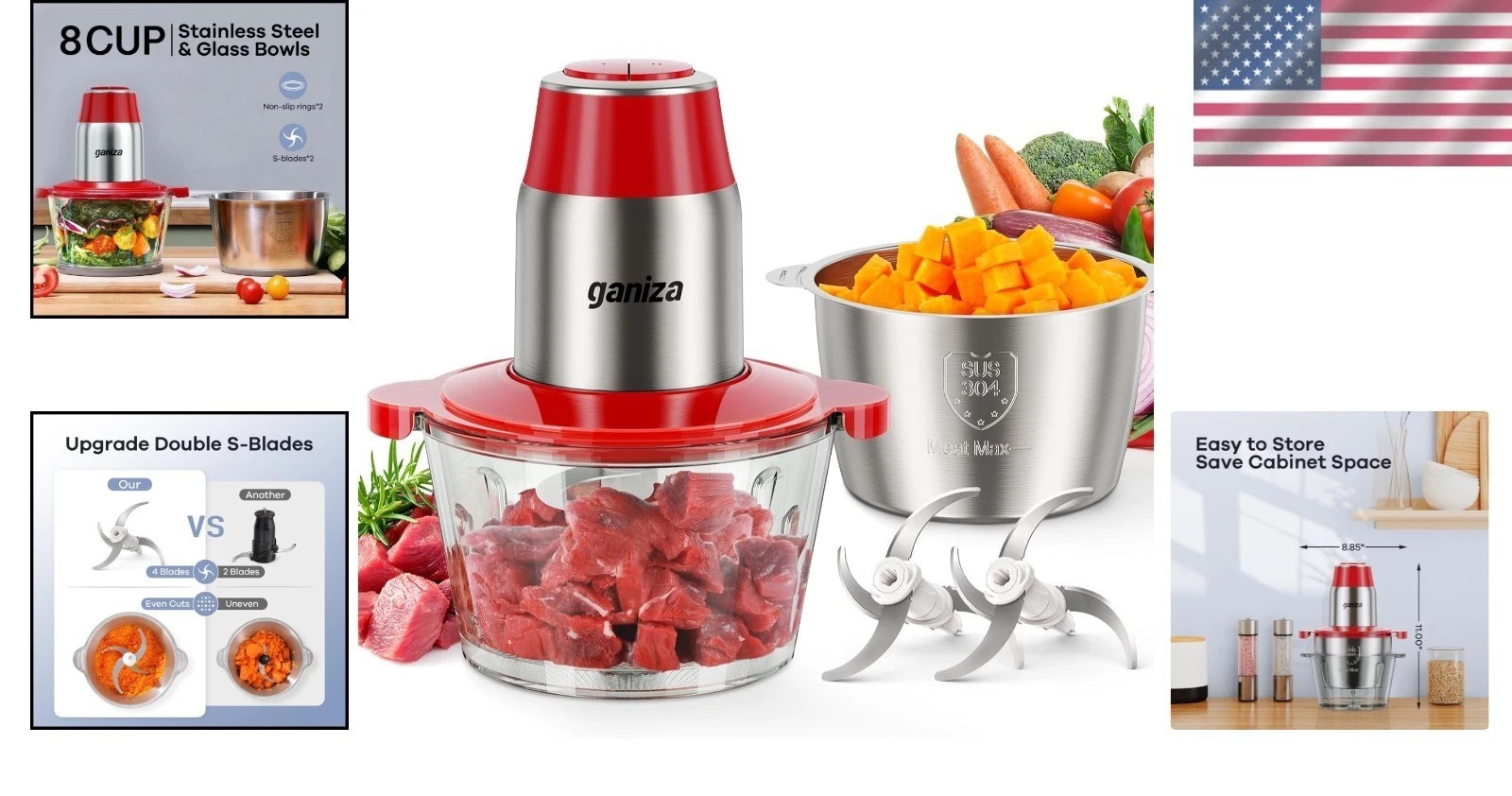 Luxury Electric Food Processor & Meat Grinder with 2 Bowls – 450W Power in Red
