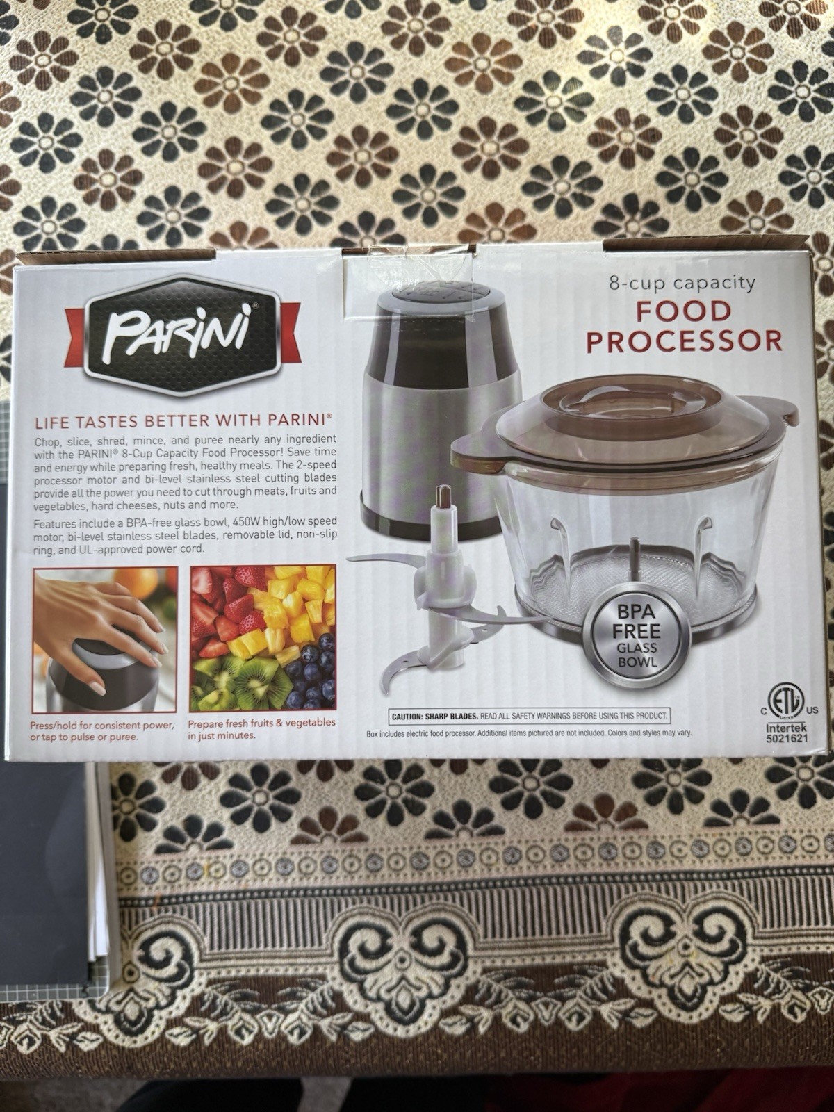 Parini 8-Cup Food Processor 450W 2-Speed Pulse BPA-Free Glass Bowl Stainless